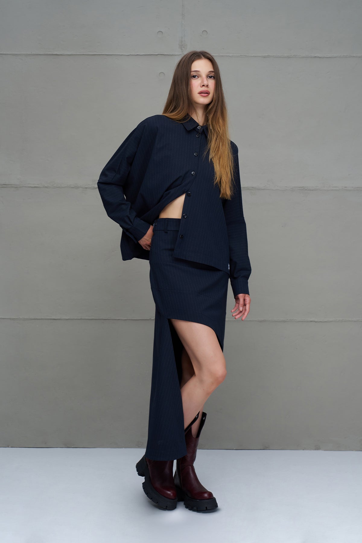 Navy Striped Asymmetric Skirt 18200