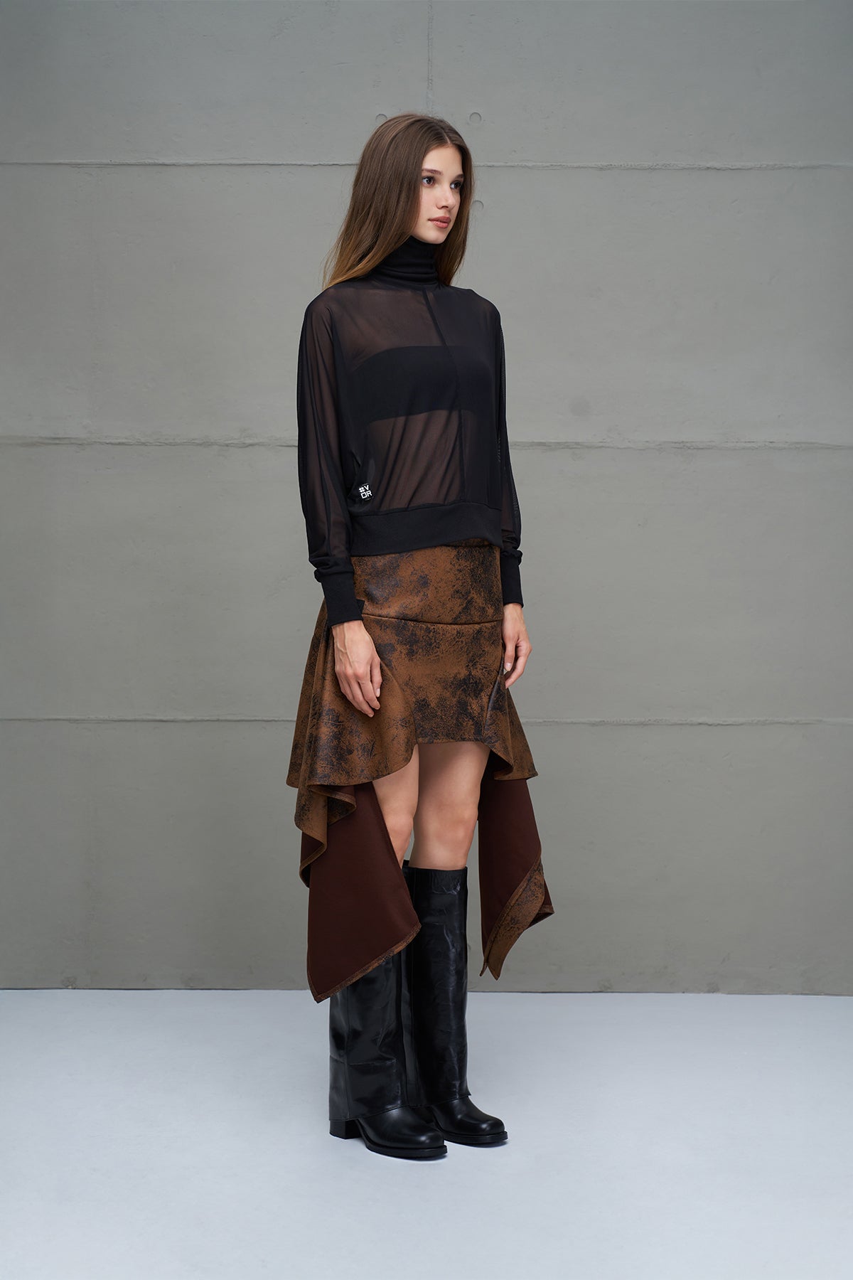 Camel Black Distressed Leather Look Asymmetric Skirt 18226