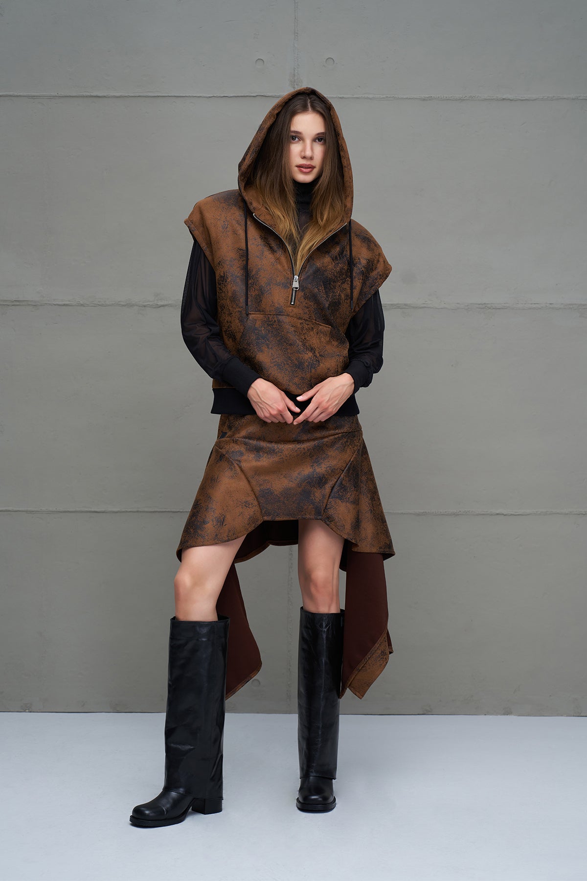 Camel Black Distressed Leather Look Sleeveless Sweatshirt 18227