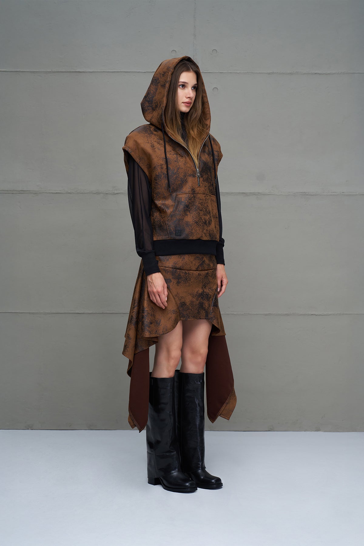 Camel Black Distressed Leather Look Sleeveless Sweatshirt 18227