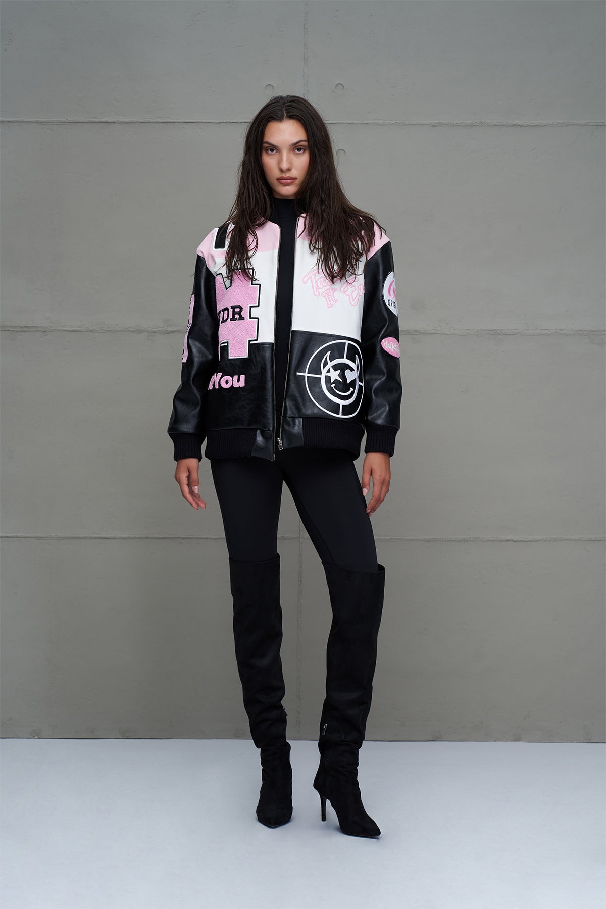 Black Pink White Oversize Pilot Bomber Jacket 18235
