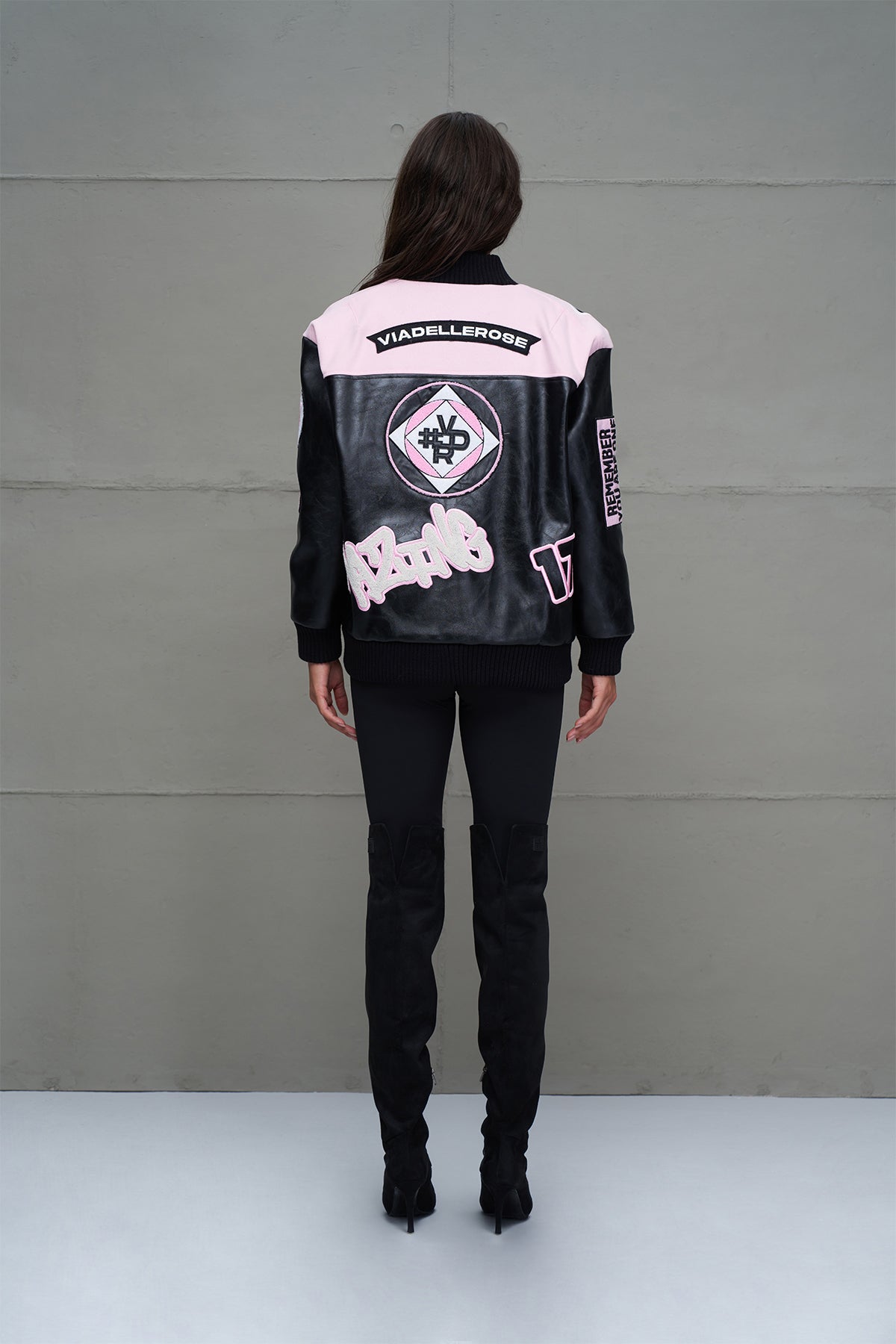 Black Pink White Oversize Pilot Bomber Jacket 18235
