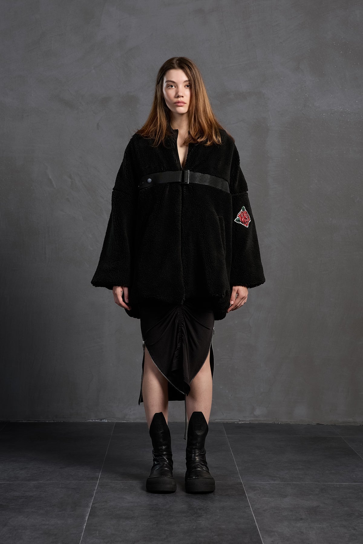 Black Faux Fur Look Belted Oversize Coat 18238