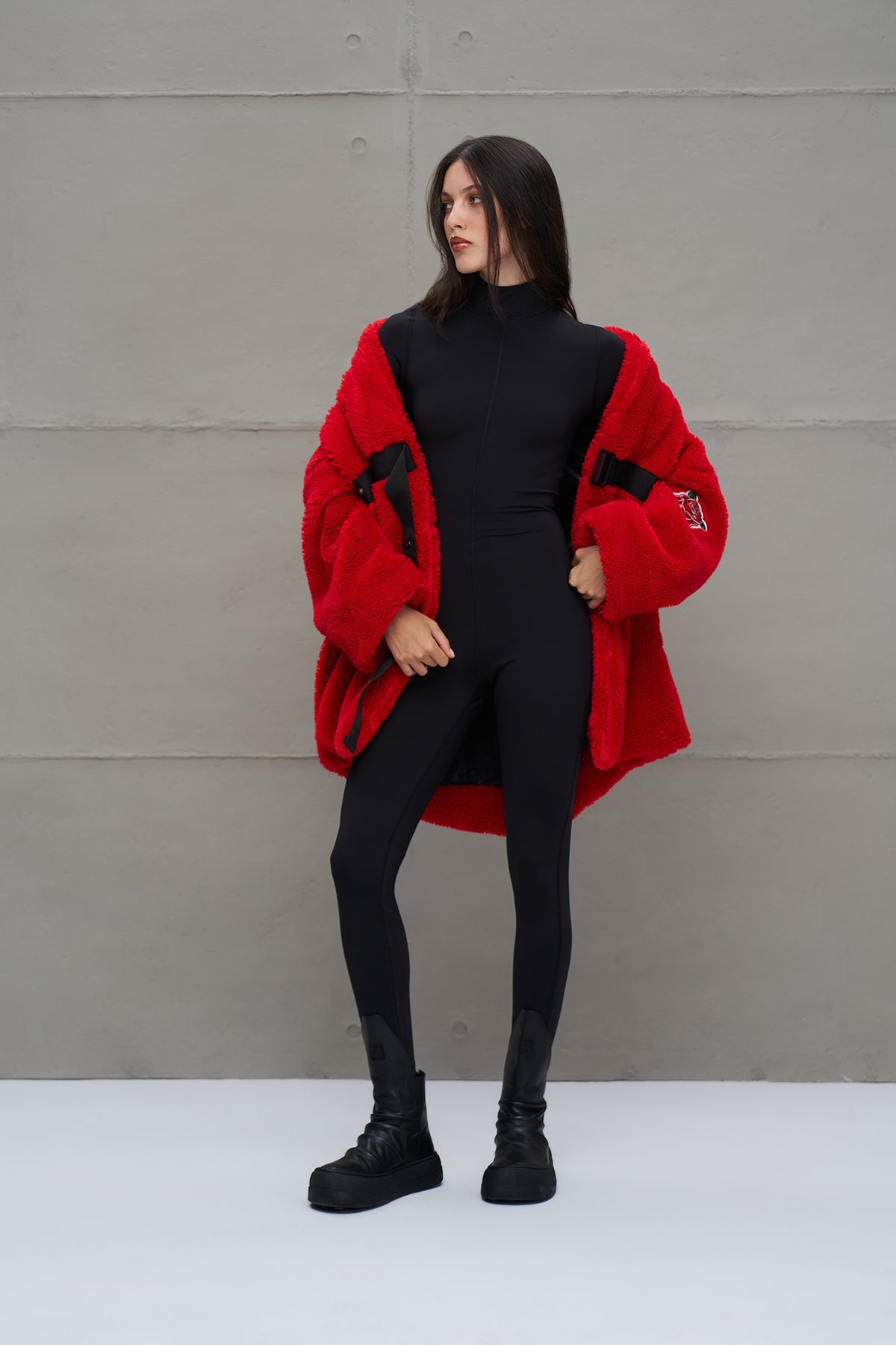 Red Faux Fur Look Belted Oversize Coat 18238