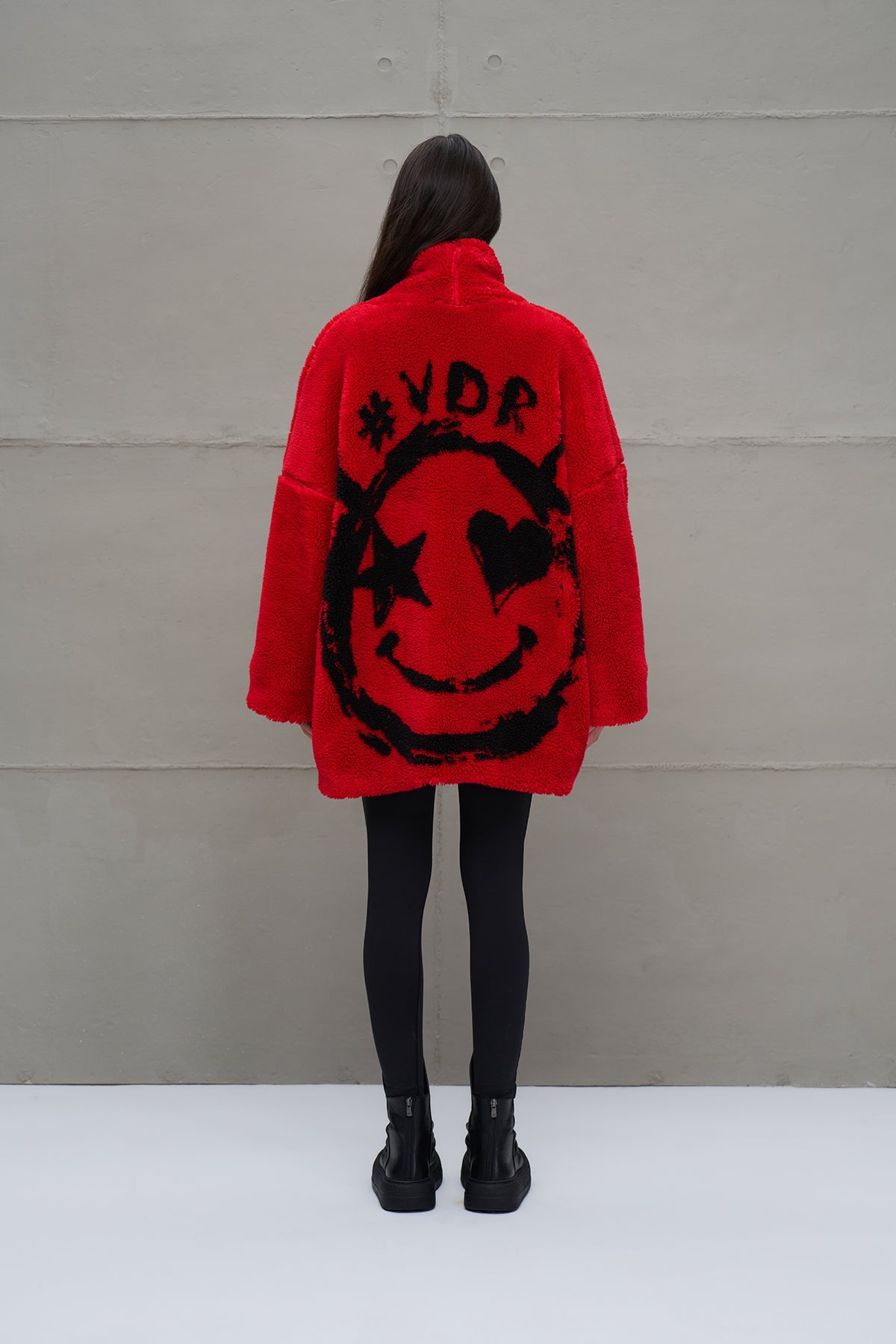 Red Faux Fur Look Belted Oversize Coat 18238