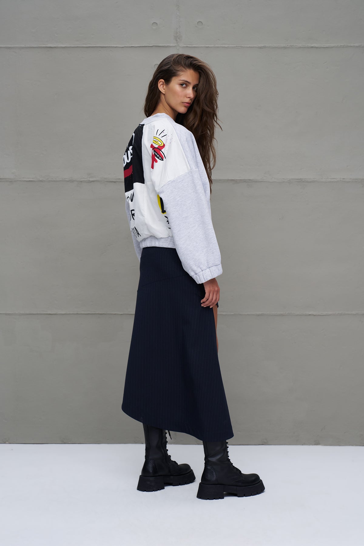 Grey Melange Balloon Sleeve Oversize Sweatshirt 18264