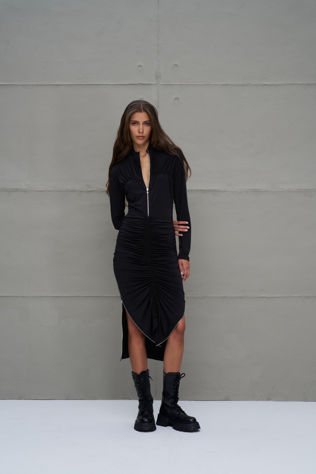 Black Zipper Detail Draped Long Dress 18272
