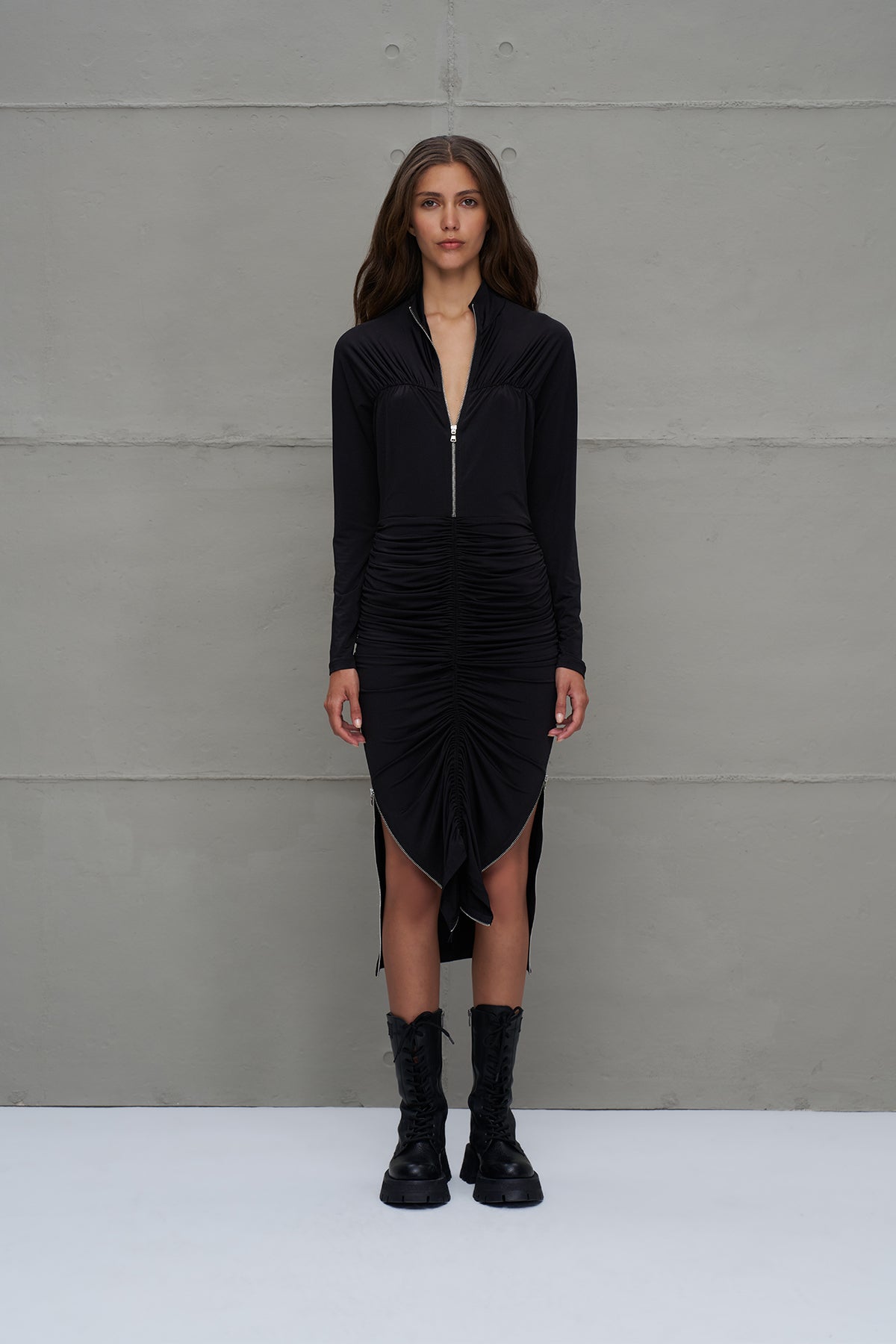 Black Zipper Detail Draped Long Dress 18272