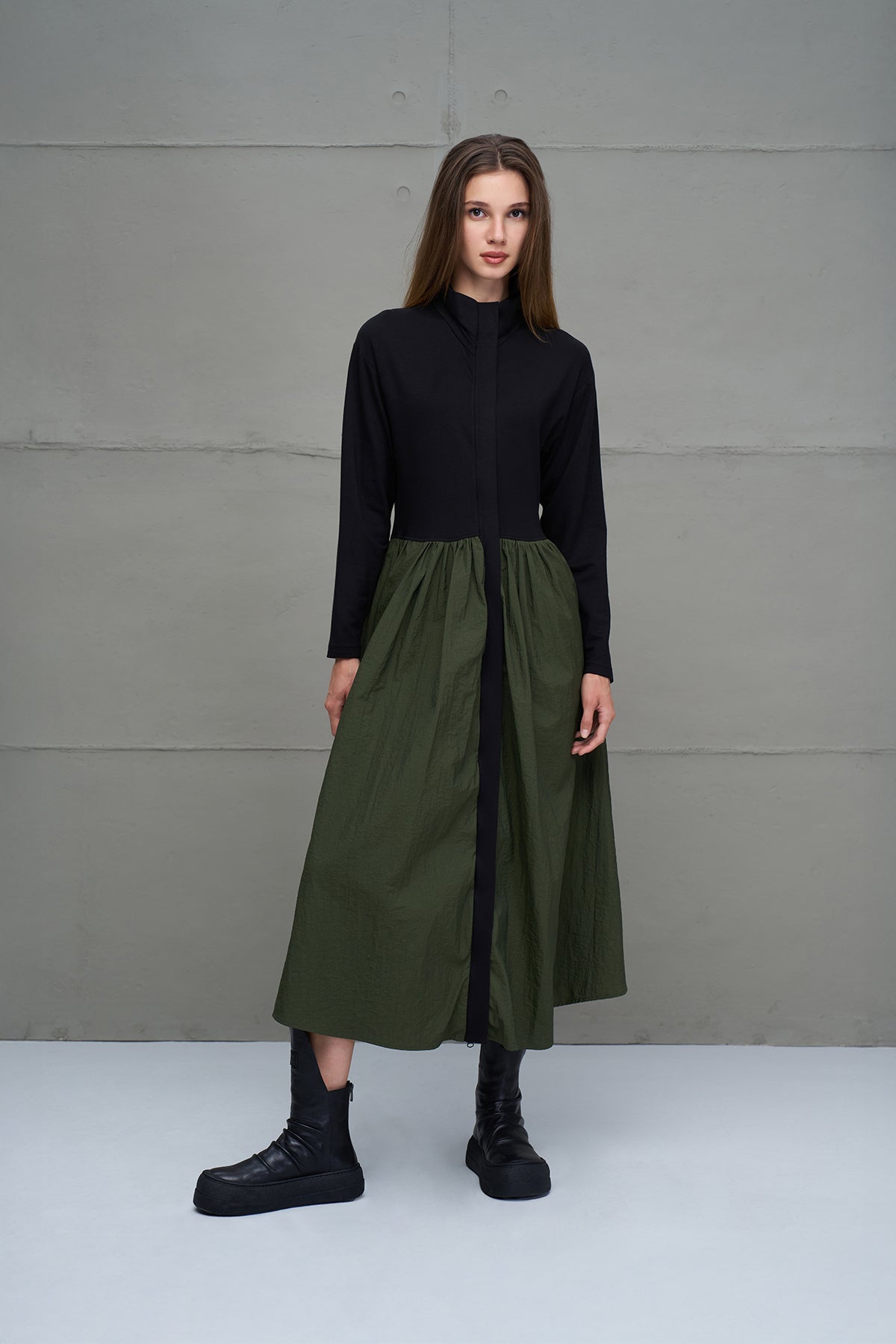 Black Green Zippered Draped Long Dress 18273