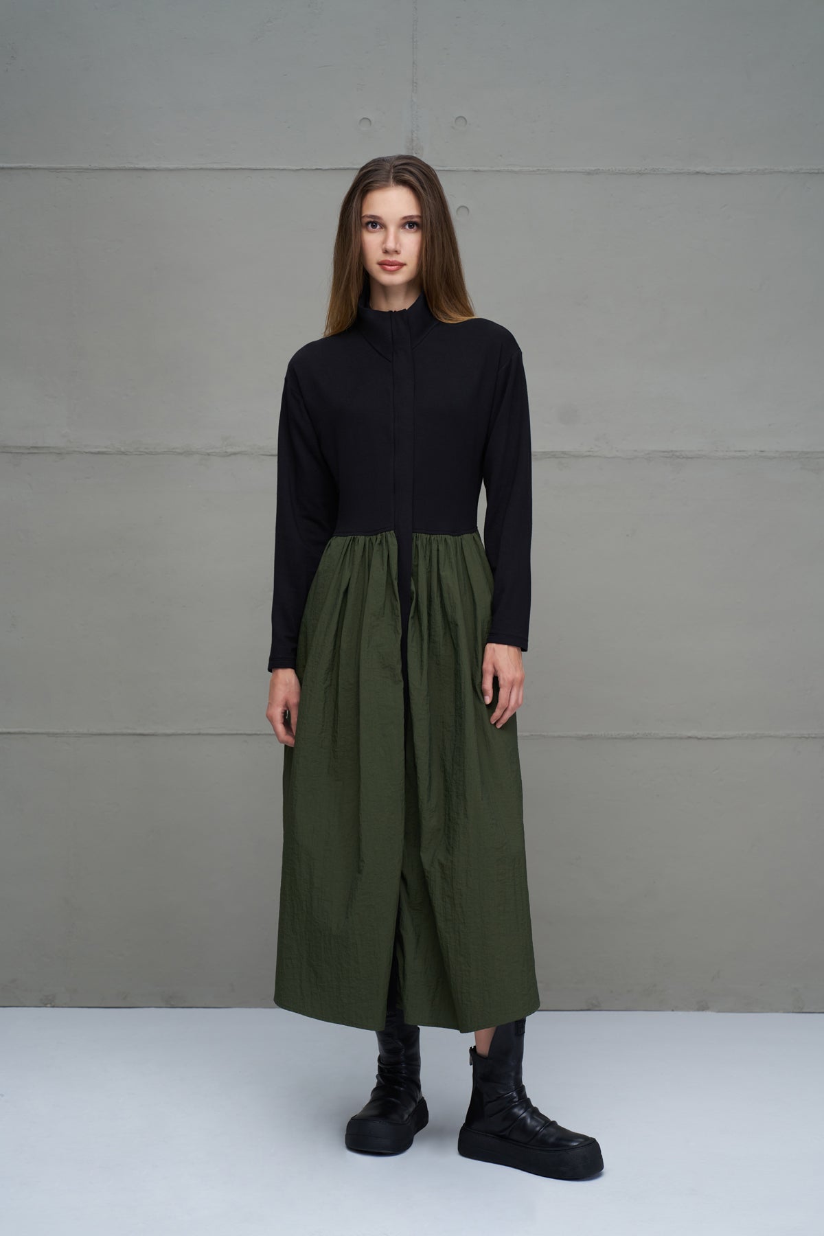 Black Green Zippered Draped Long Dress 18273