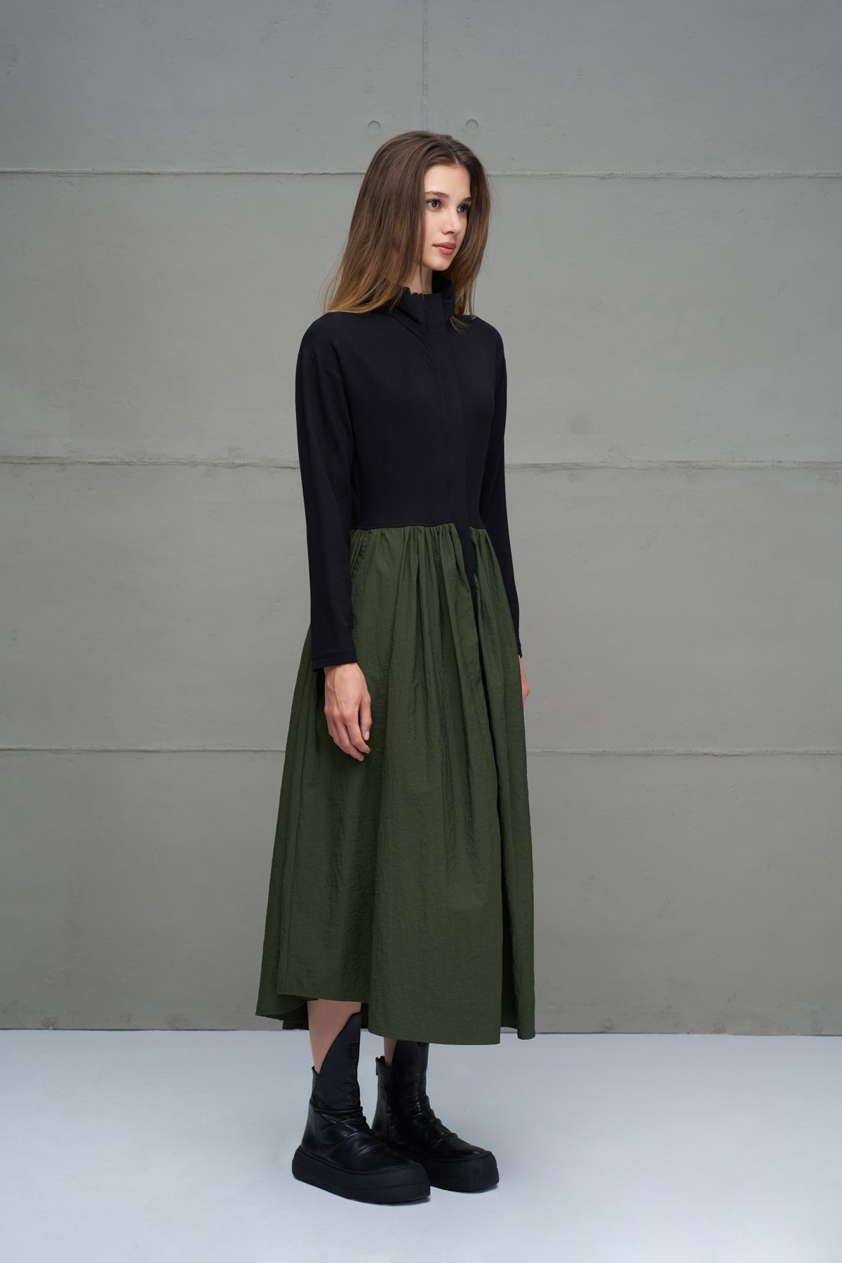 Black Green Zippered Draped Long Dress 18273