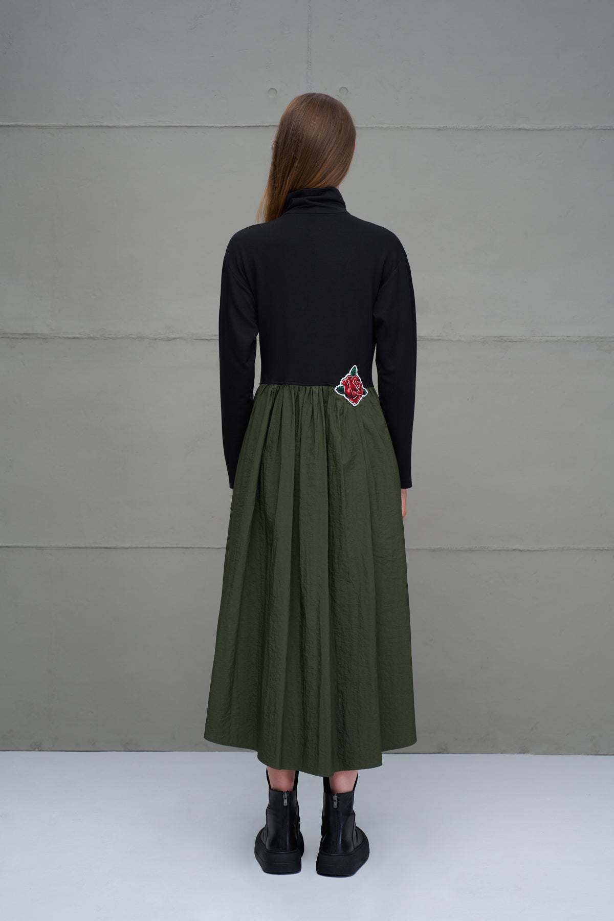 Black Green Zippered Draped Long Dress 18273