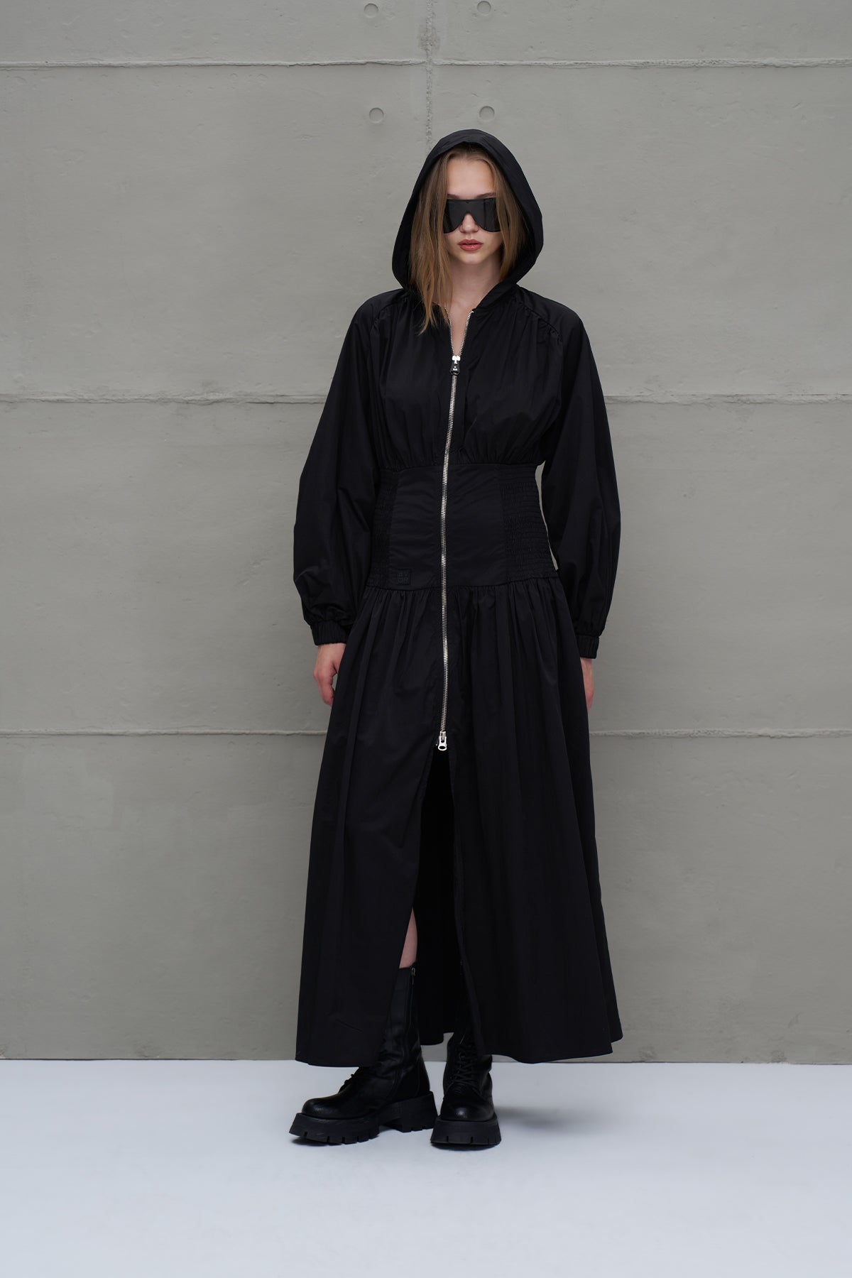 Black Zippered Drawstring Waist Dress 18277