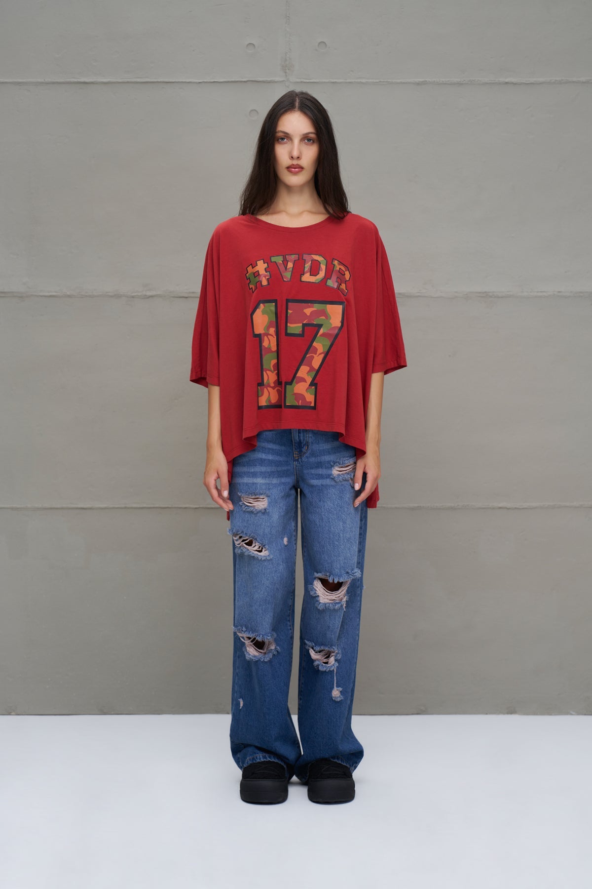 Maroon Printed Asymmetric Oversize T-shirt 18282