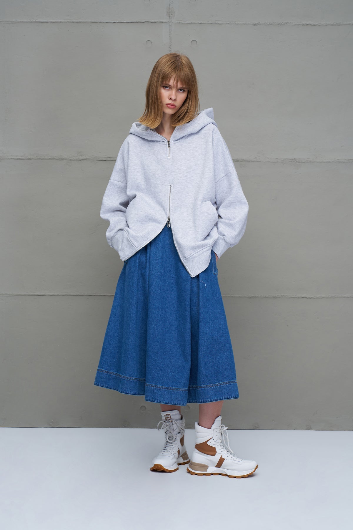 Grey Melange Zippered Hooded Oversize Sweatshirt 18285