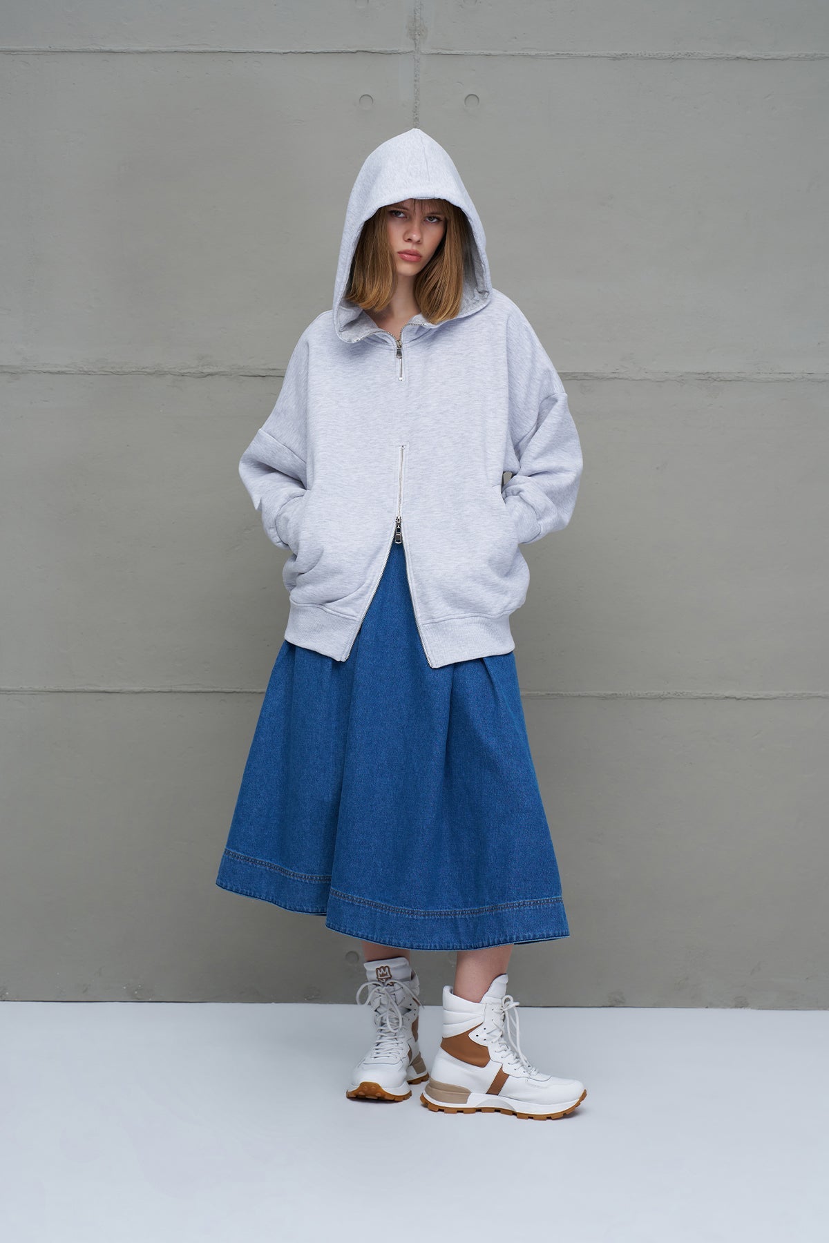 Grey Melange Zippered Hooded Oversize Sweatshirt 18285