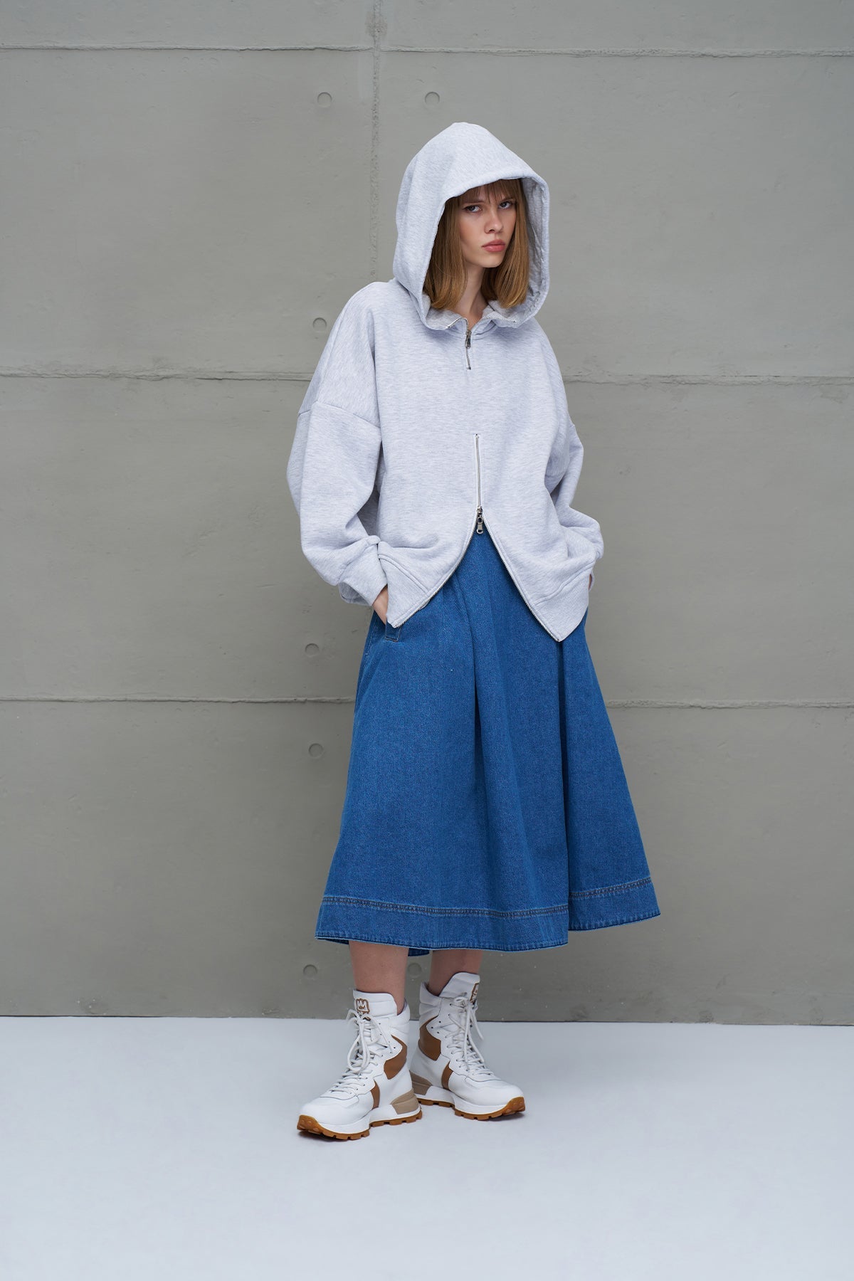 Grey Melange Zippered Hooded Oversize Sweatshirt 18285