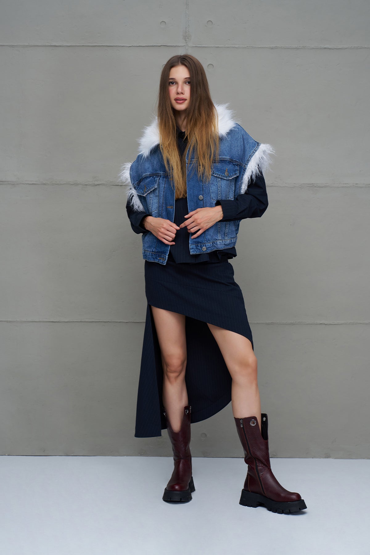 Blue Faux Fur Collar Denim Vest 18286