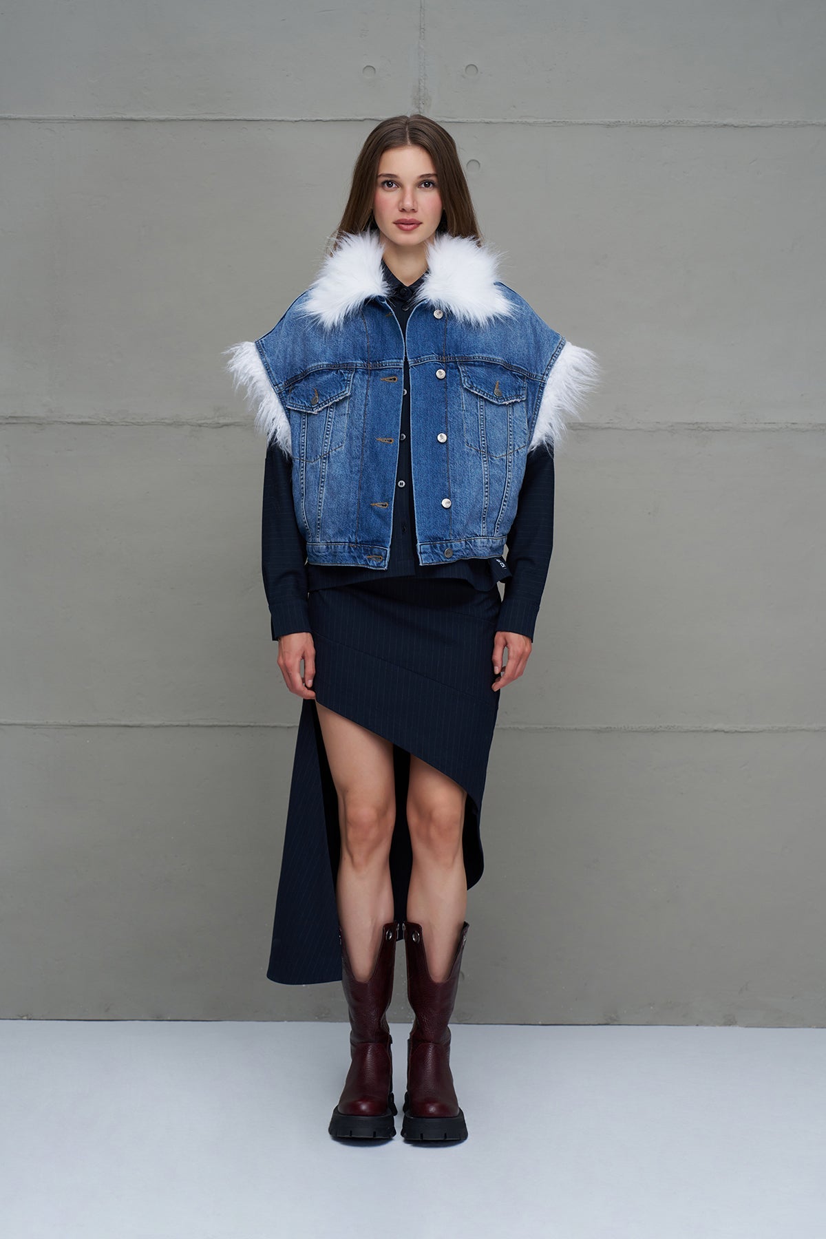 Blue Faux Fur Collar Denim Vest 18286