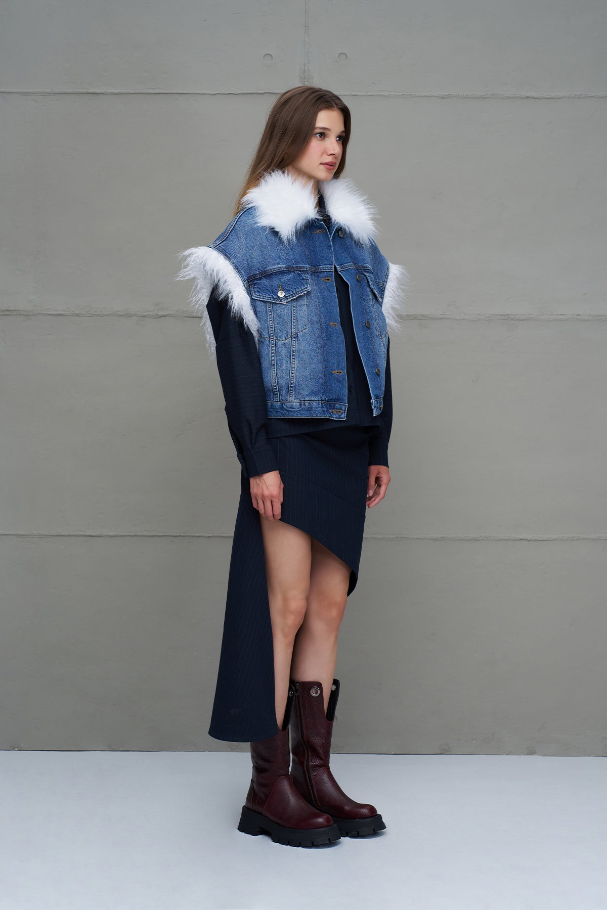 Blue Faux Fur Collar Denim Vest 18286
