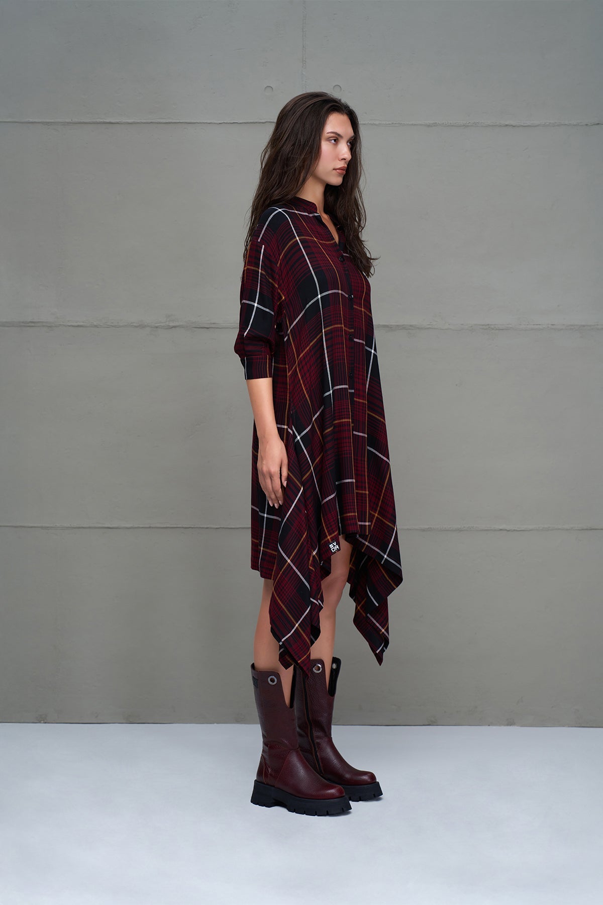 Black Burgundy Plaid Asymmetric Long Dress 18291