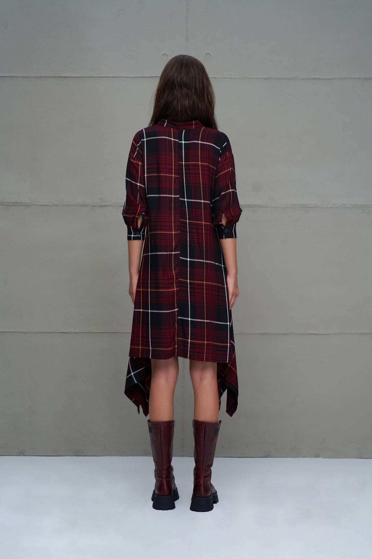 Black Burgundy Plaid Asymmetric Long Dress 18291