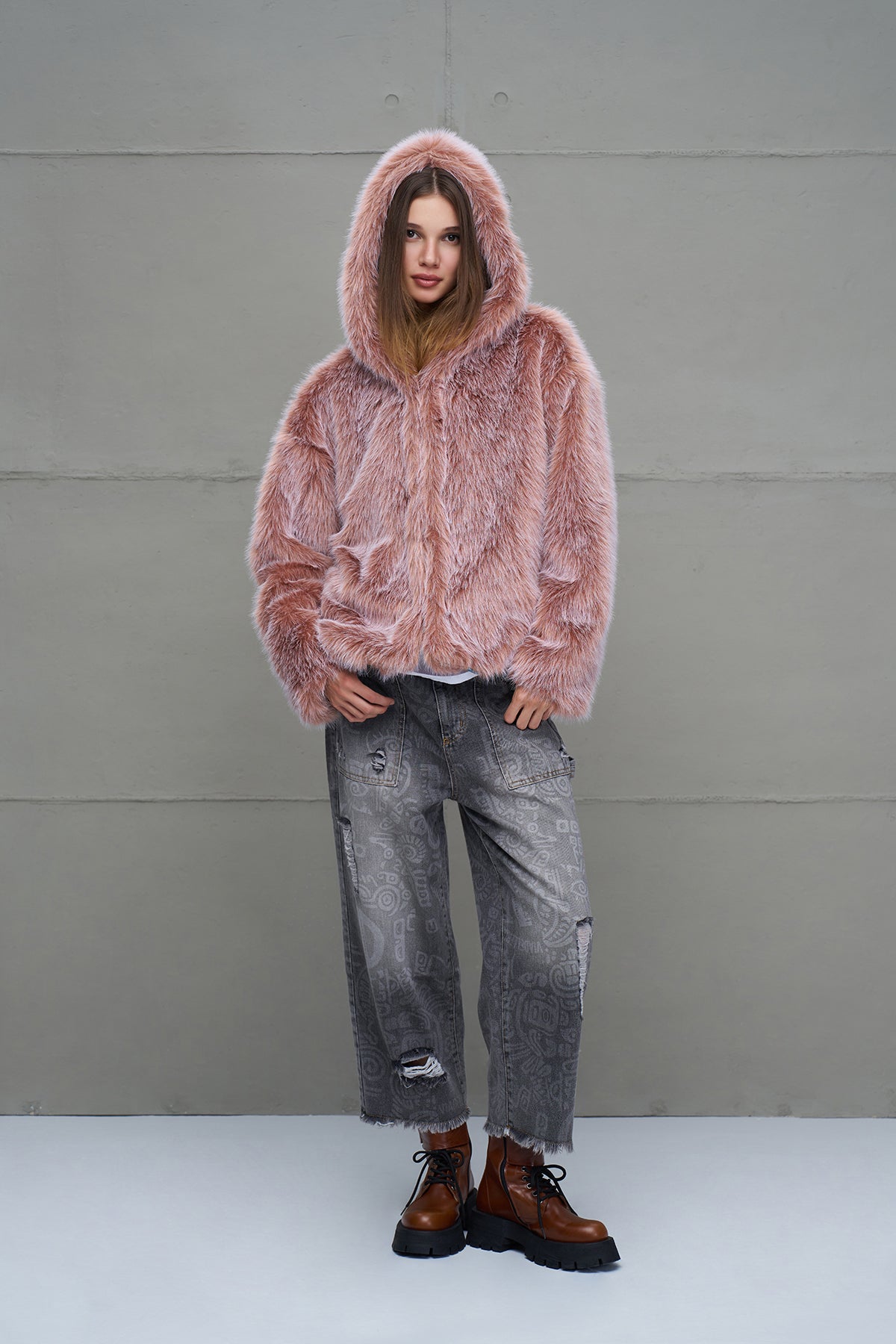 Pink Hooded Oversize Short Coat 18293