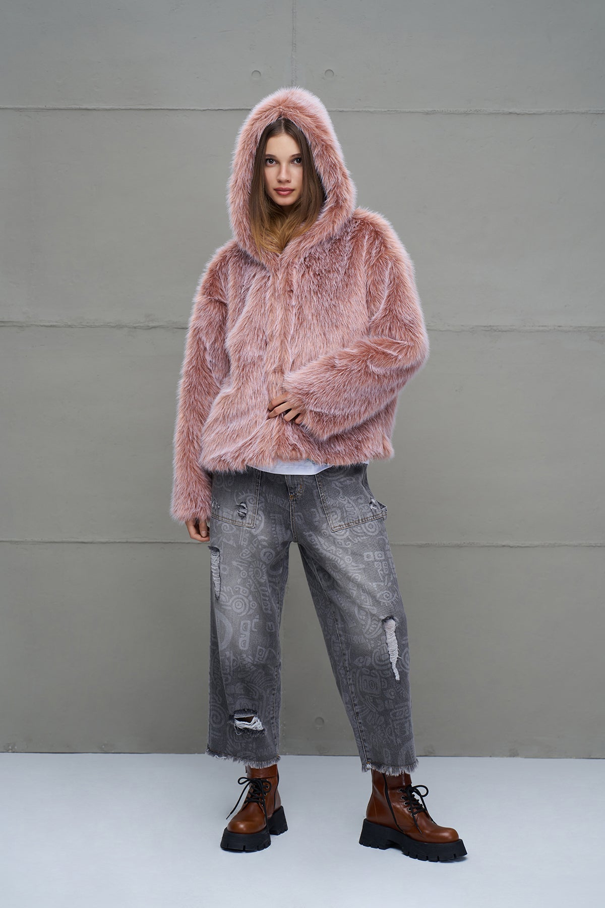Pink Hooded Oversize Short Coat 18293