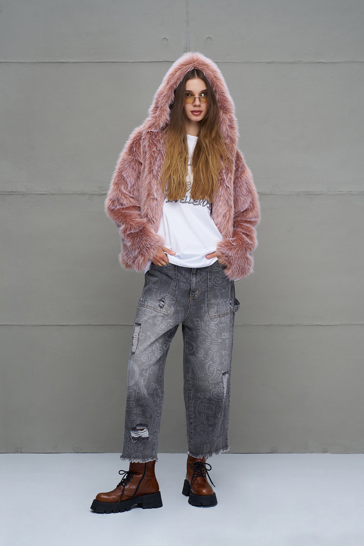 Pink Hooded Oversize Short Coat 18293