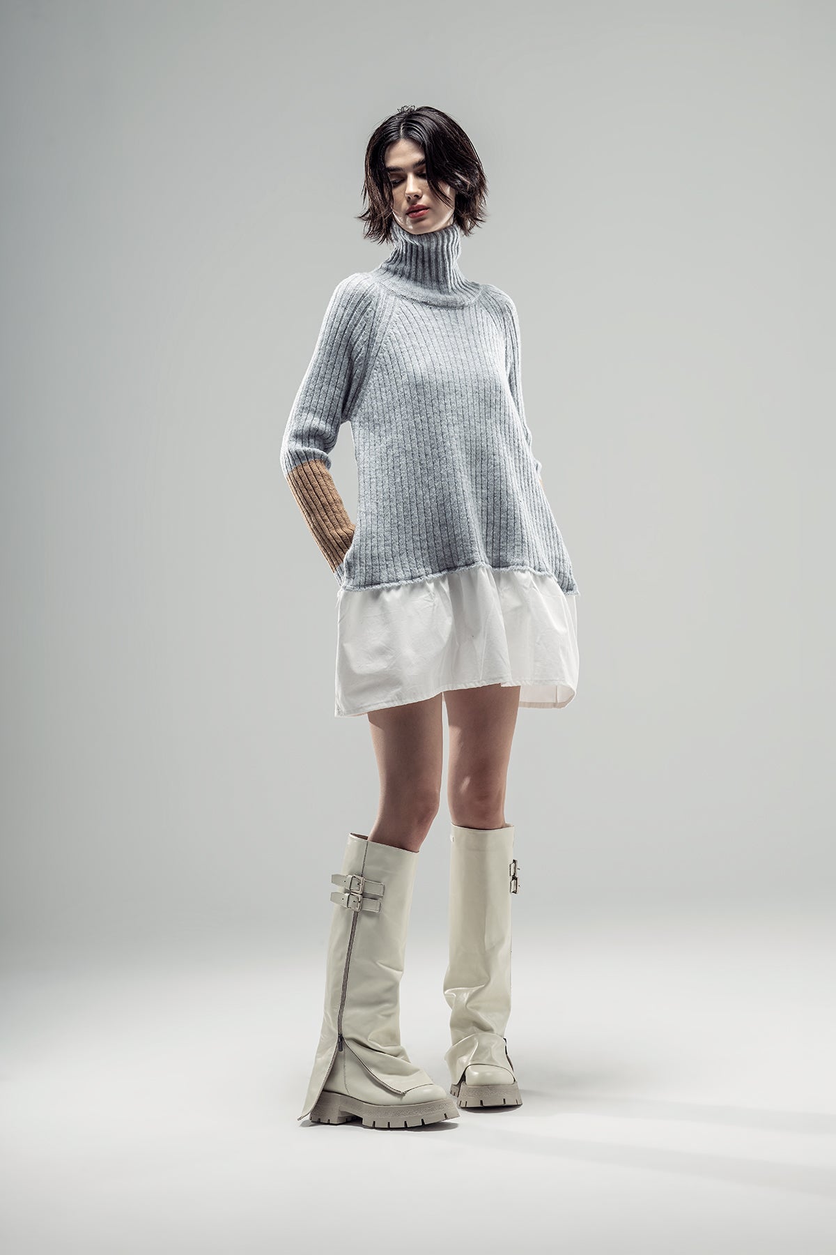 Grey Melange White Knit Sweater 20322