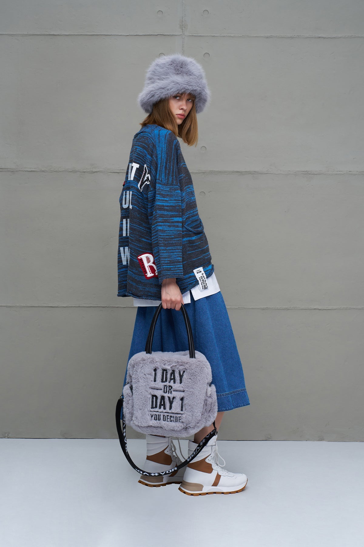 Grey Faux Fur Shoulder Tote Bag Porto20