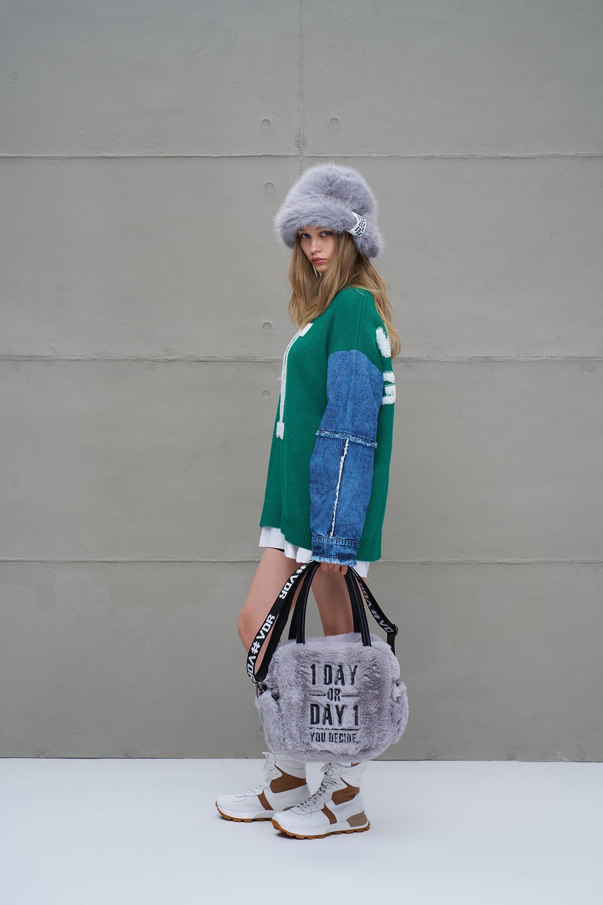 Grey Faux Fur Shoulder Tote Bag Porto20