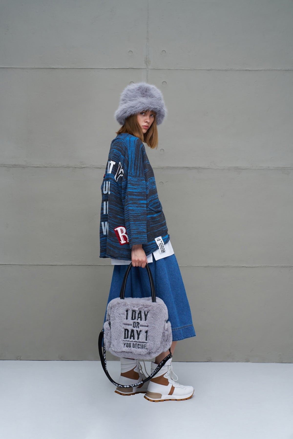 Grey Faux Fur Shoulder Tote Bag Porto20