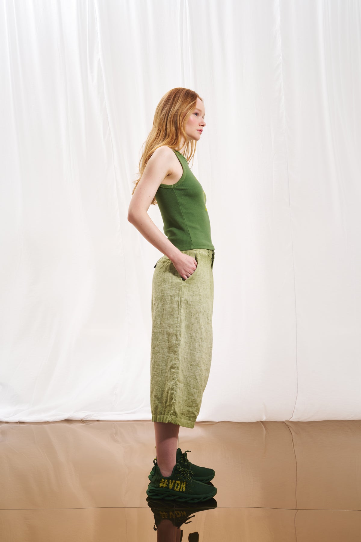 Olive Green Slogan Print Ribbed Tank Top 17016