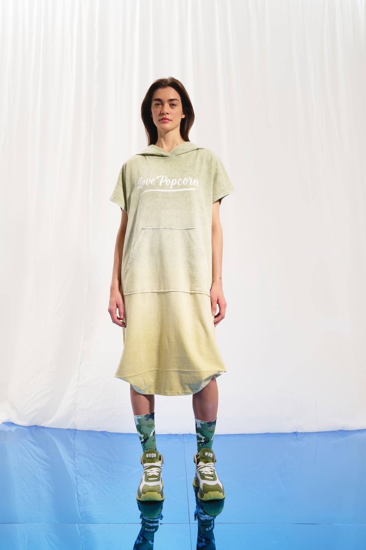 Olive Green Pistachio Hooded Sweatshirt Dress 17051
