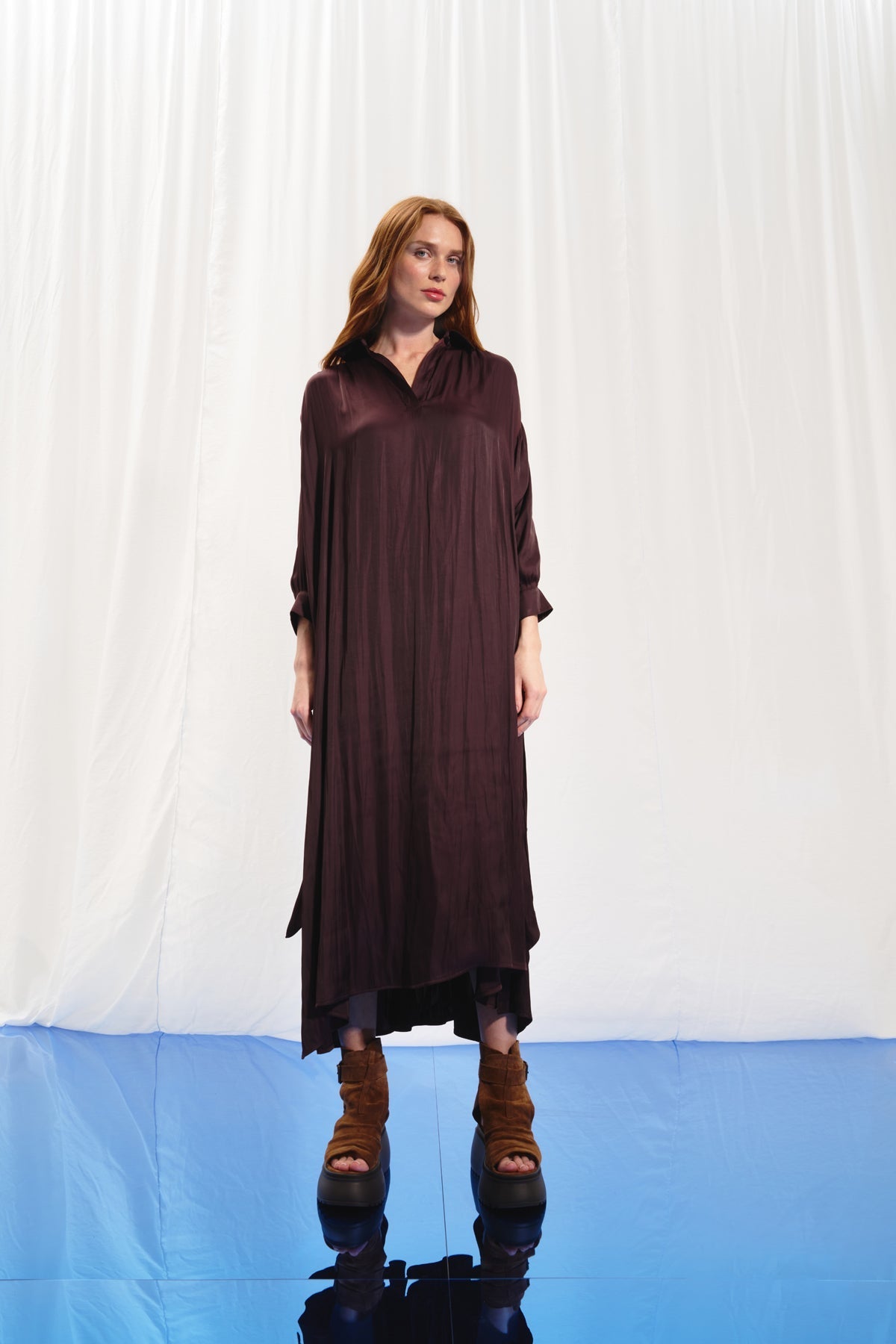 Burgundy Satin Midi Shirt Dress 17281