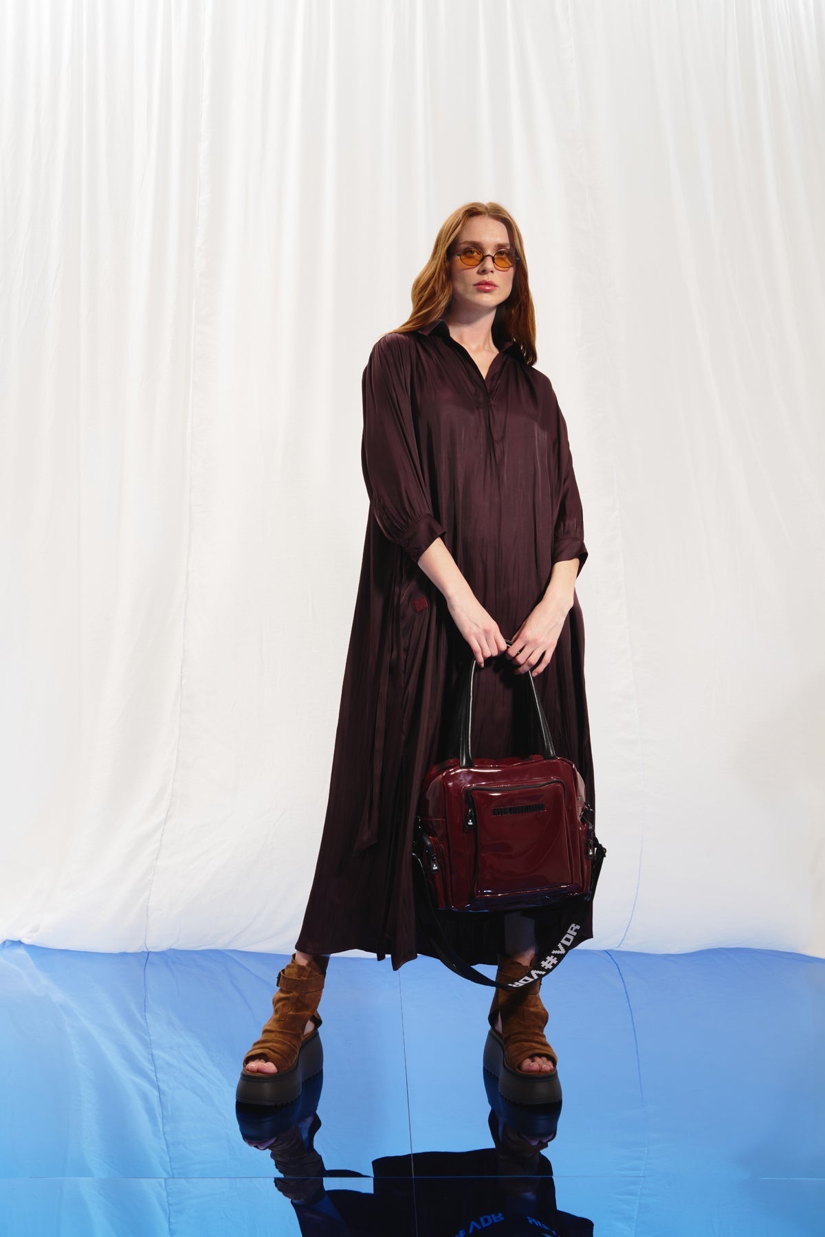 Burgundy Satin Midi Shirt Dress 17281