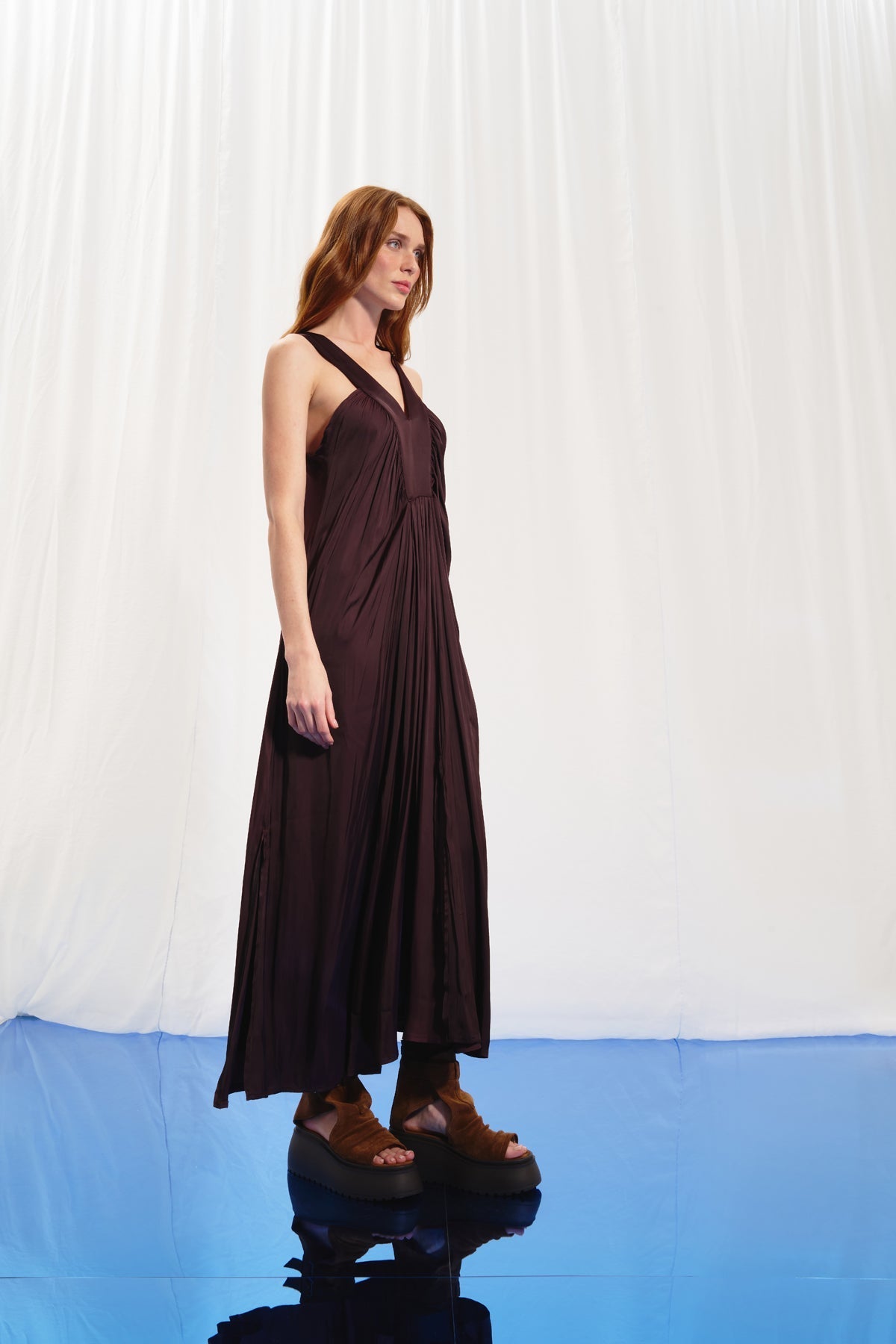 Burgundy V-neck Satin Midi Dress 17282