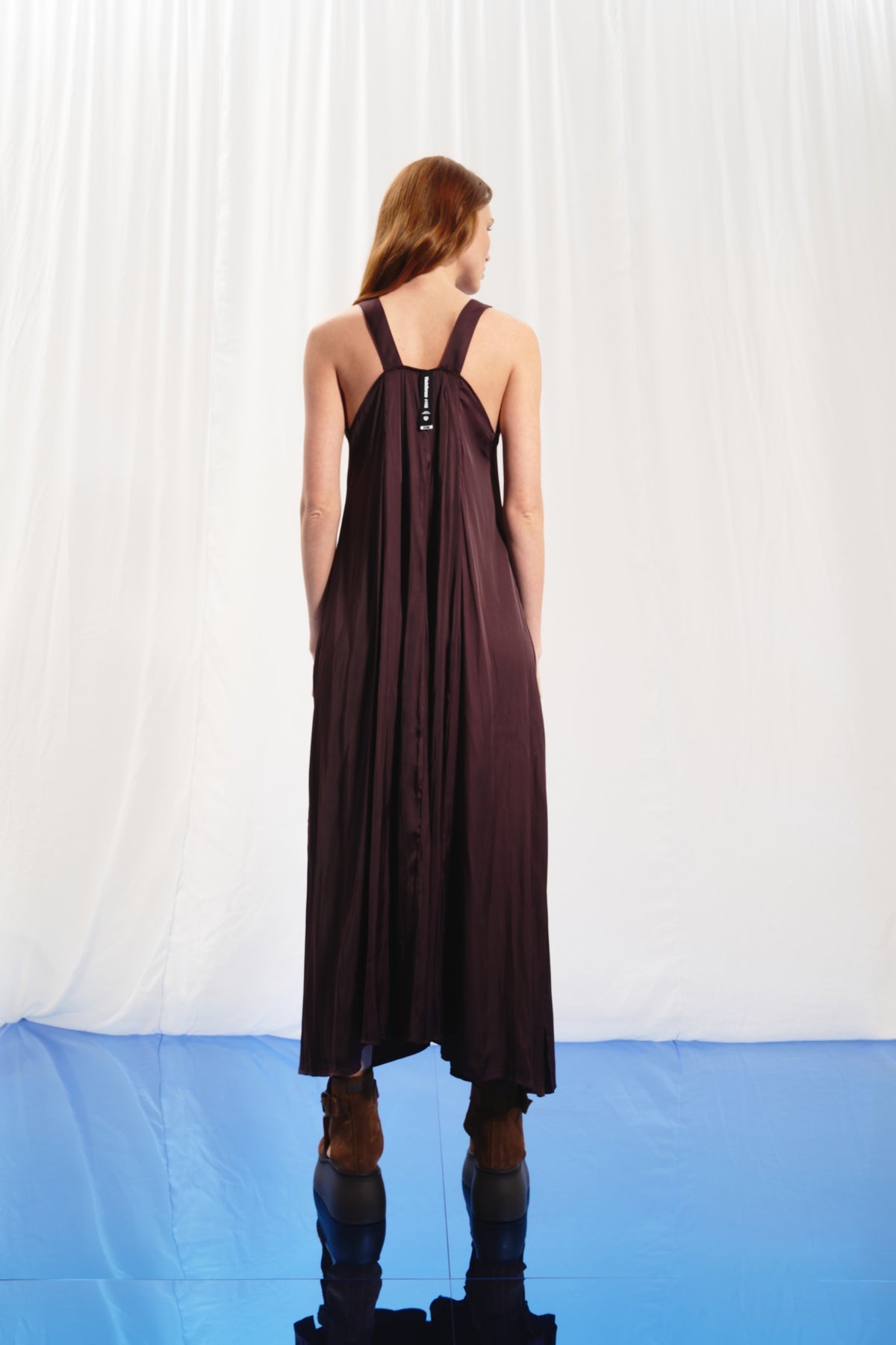 Burgundy V-neck Satin Midi Dress 17282