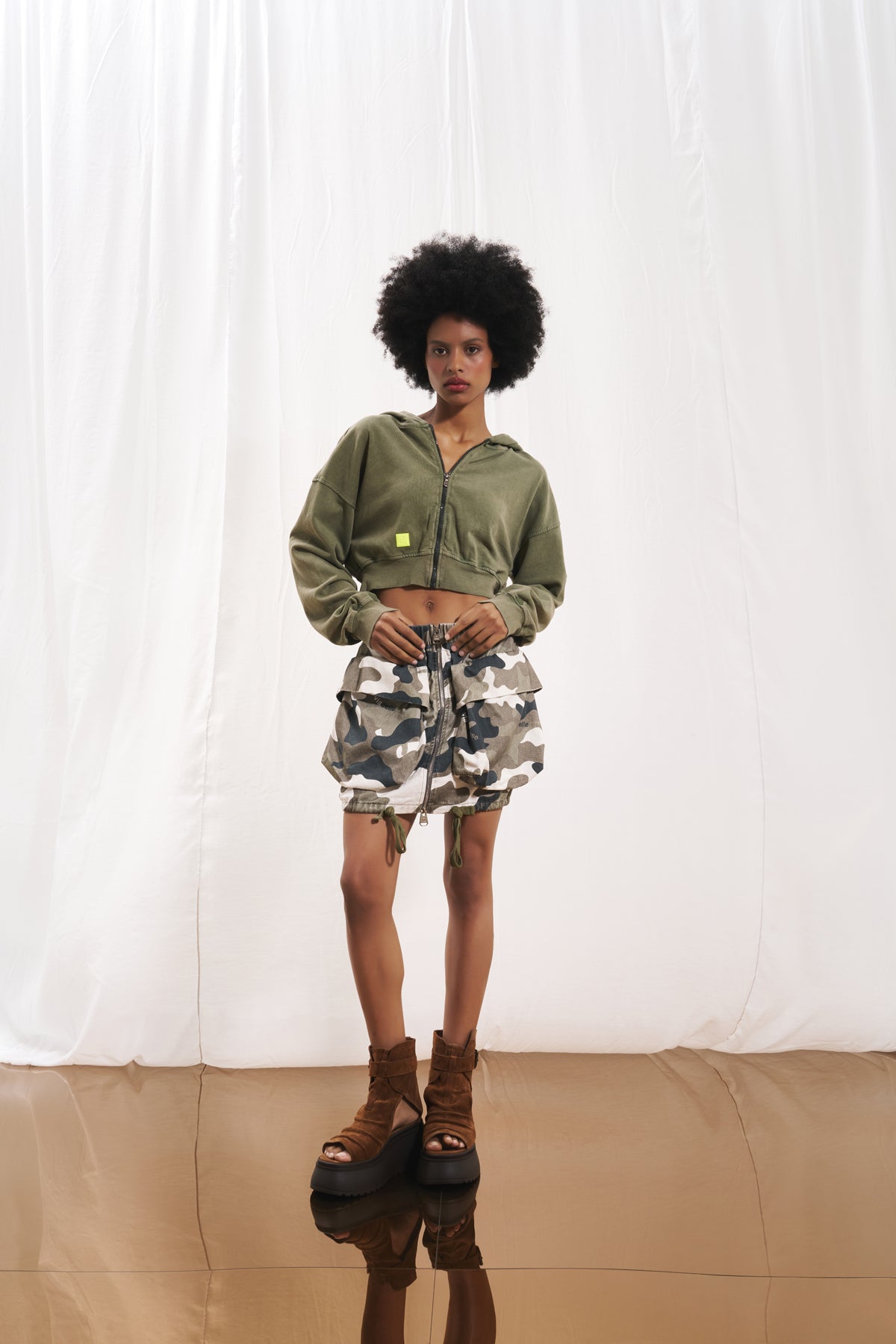 Olive Green Zip-up Crop Sweatshirt 17322