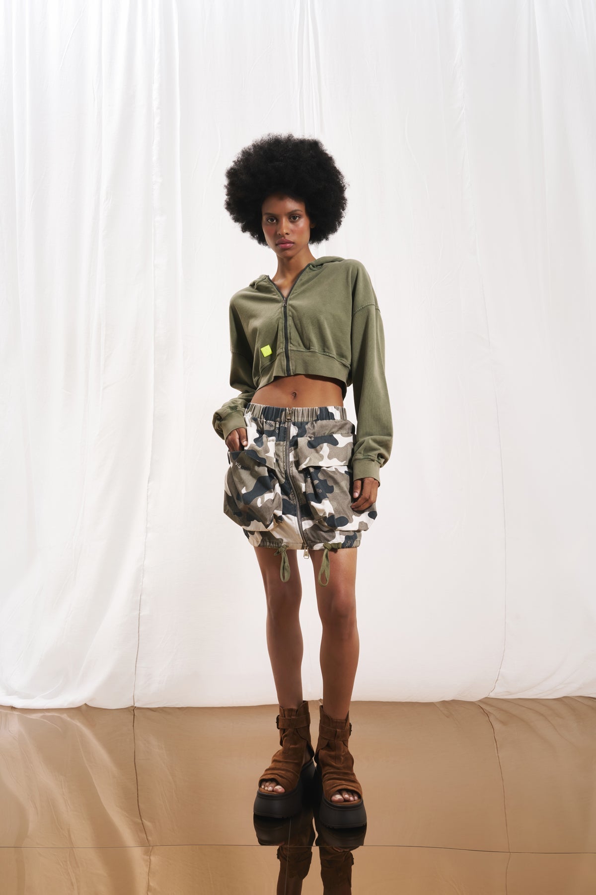 Olive Green Zip-up Crop Sweatshirt 17322