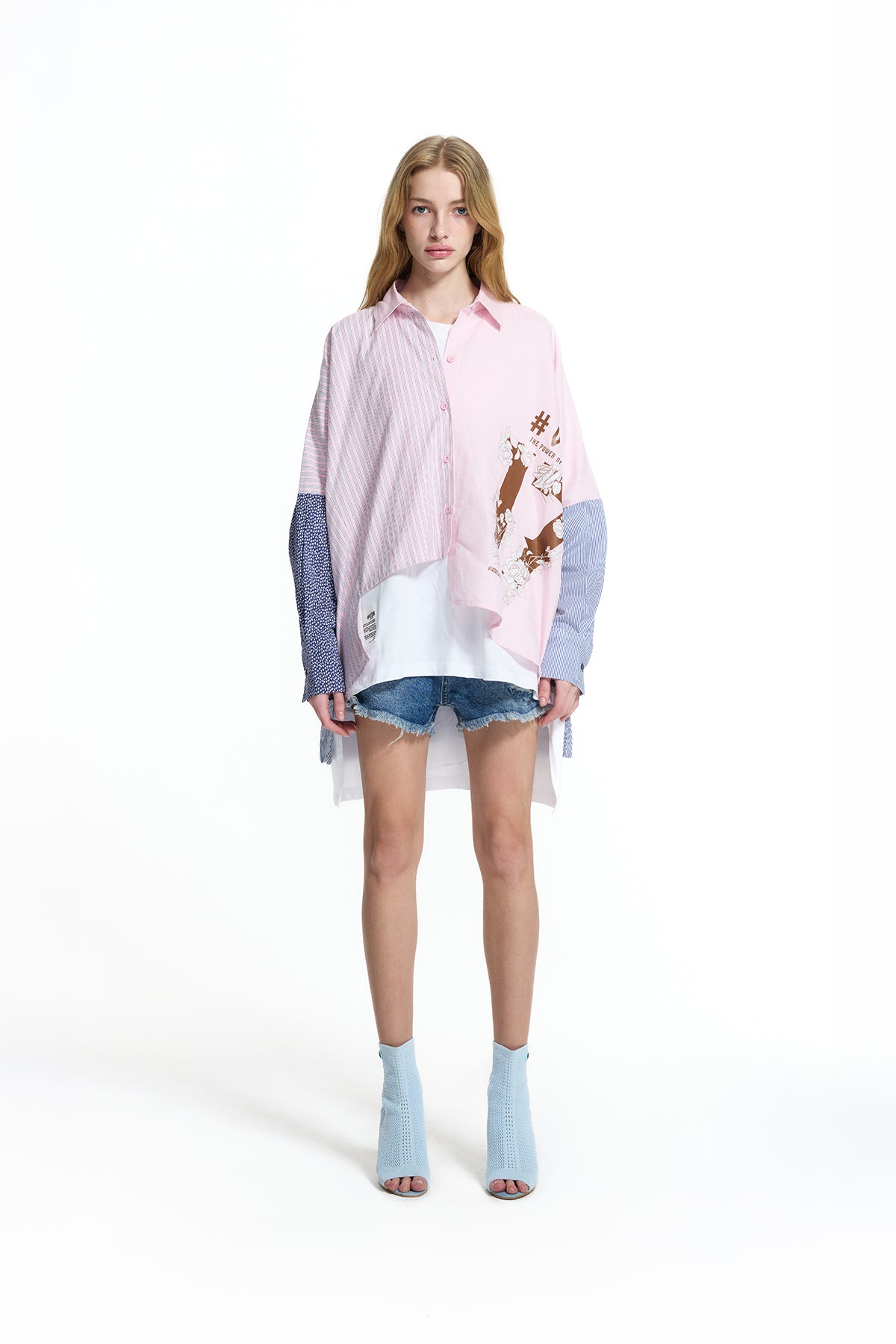 Pink Blue Asymmetric Logo Detail Patchwork Shirt 19009