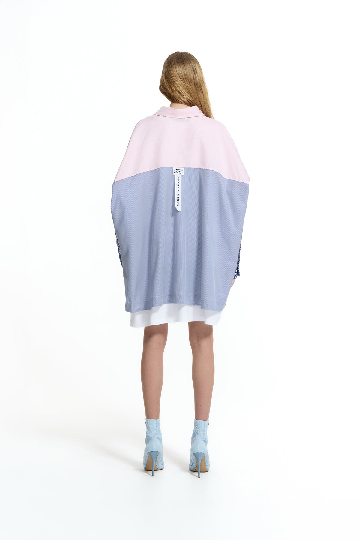 Pink Blue Asymmetric Logo Detail Patchwork Shirt 19009
