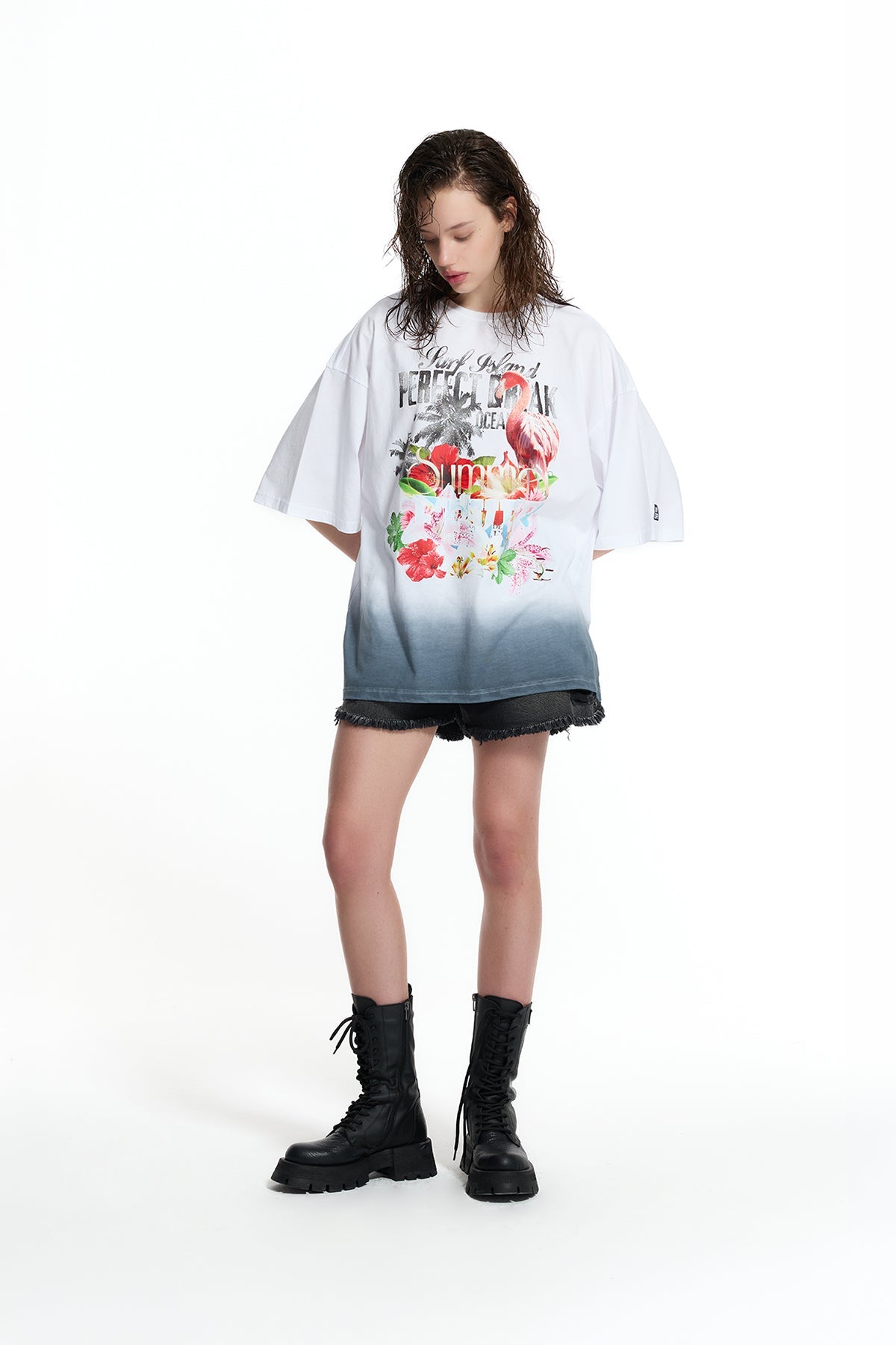 White Oversize Flamingo Print Gradient T-shirt 19012