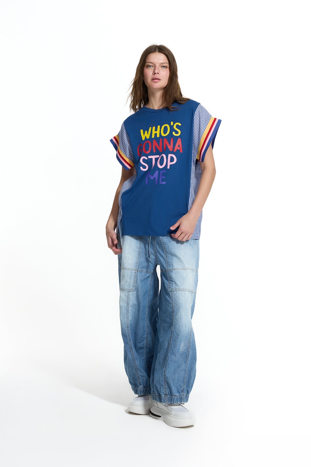 Blue Front Slogan Print Contrast Detail Vdr Oversize T-shirt 19018