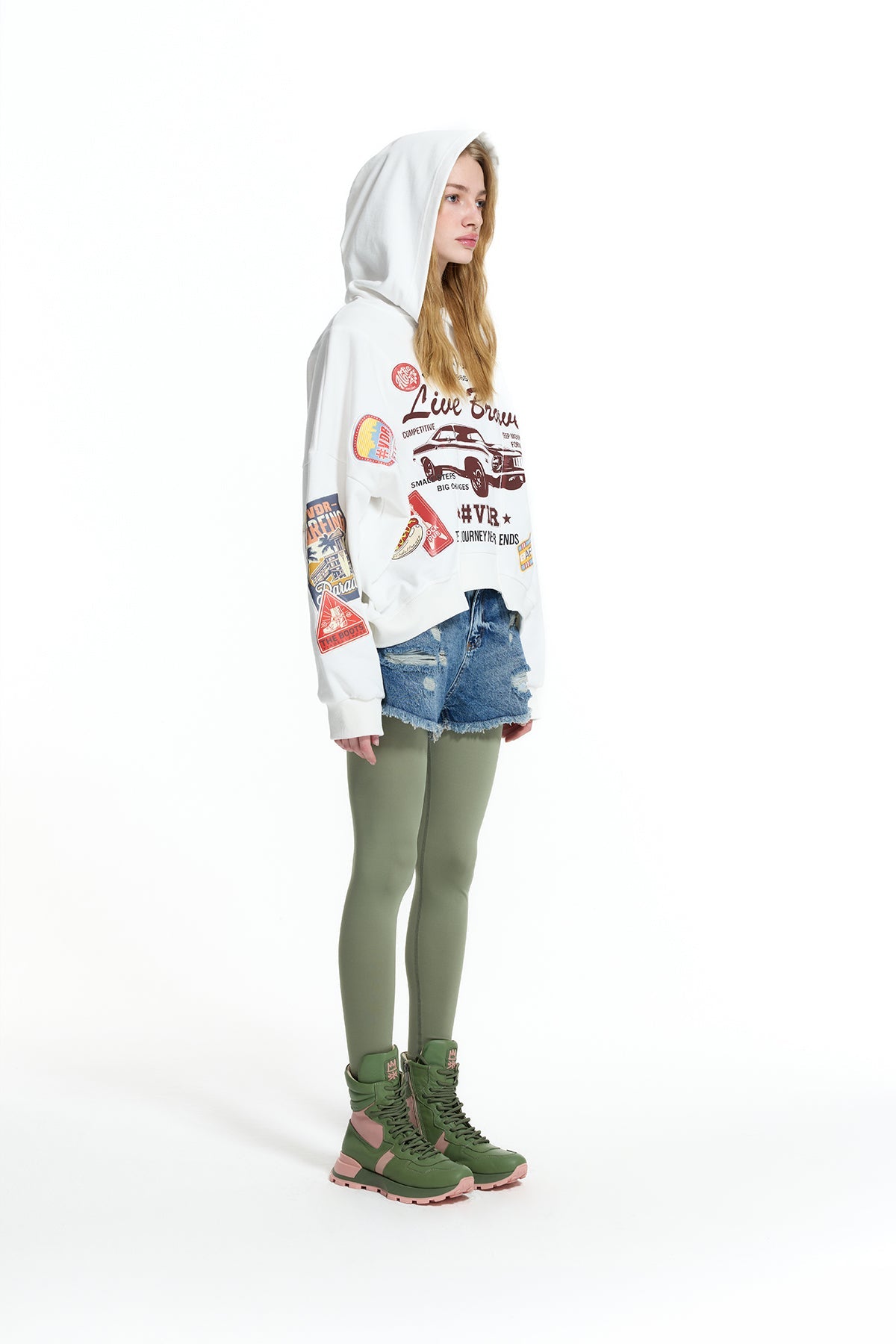 Off White Patch And Print Detail Cropped Hooded Sweatshirt 19044