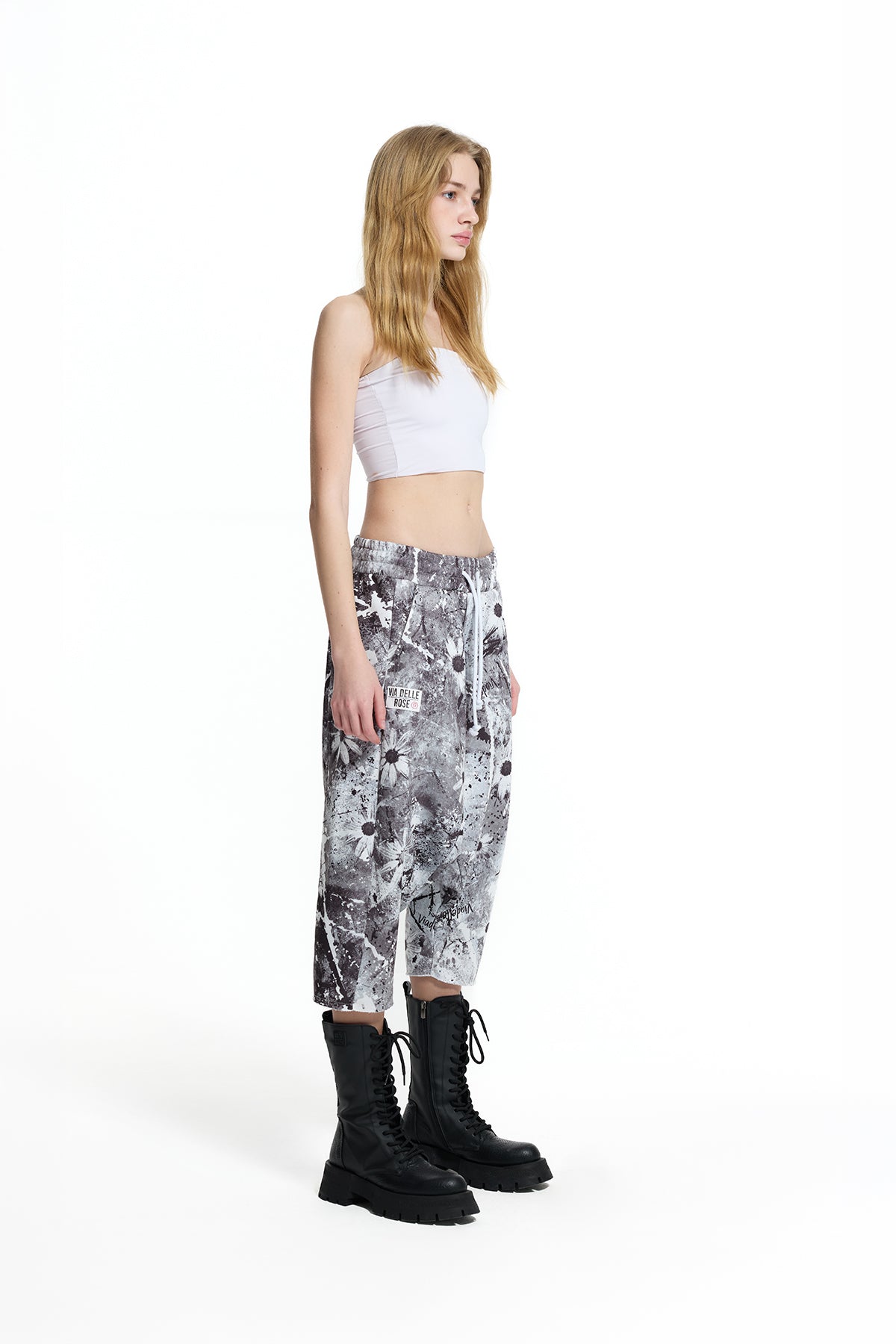 Black White Floral Print Paint Effect Drop Crotch Bermuda Shorts 19048