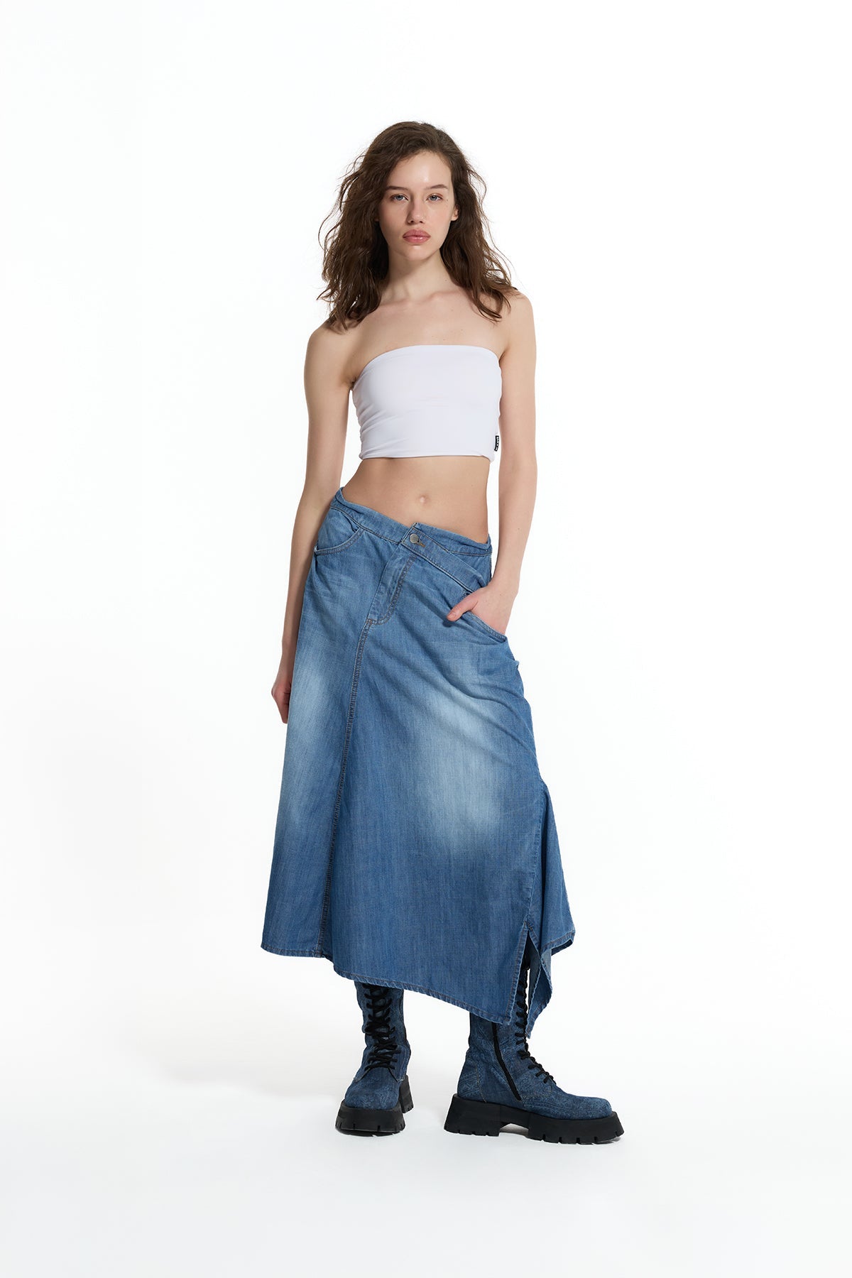 Blue Asymmetric Slit Detail Long Denim Skirt 19052