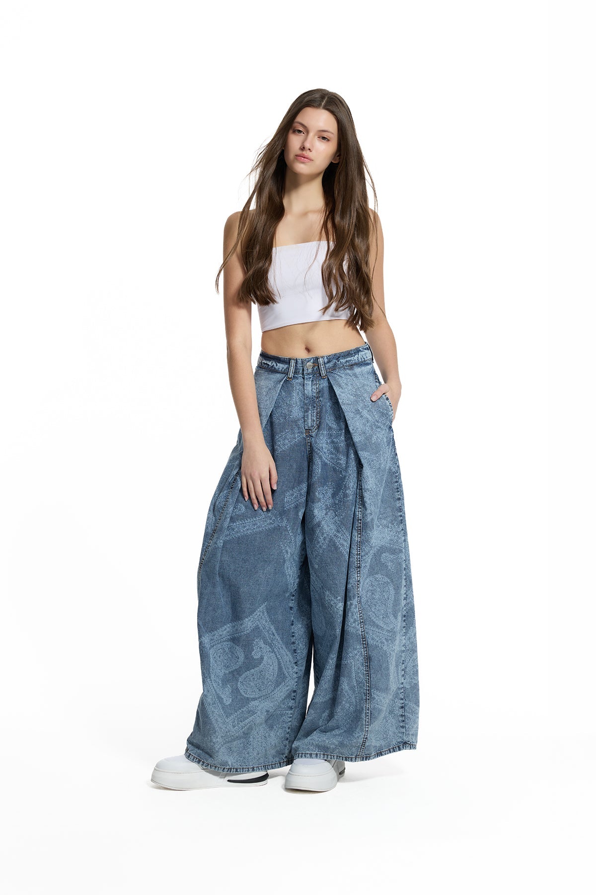 Blue Patterned Washed Wide Leg Denim Trousers 19061