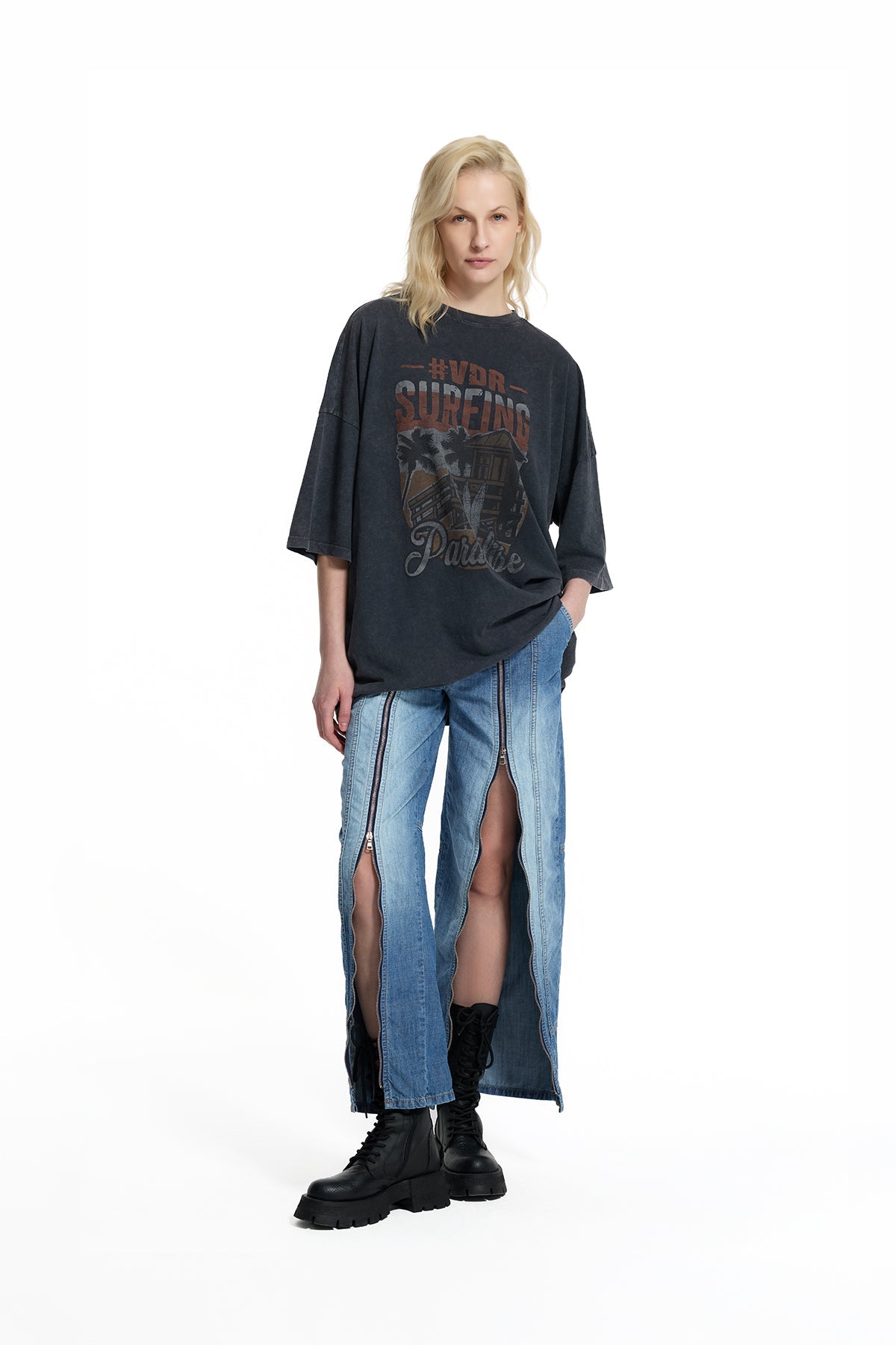 Blue Zipper Stripe Detail Tapered Leg Denim Trousers 19066